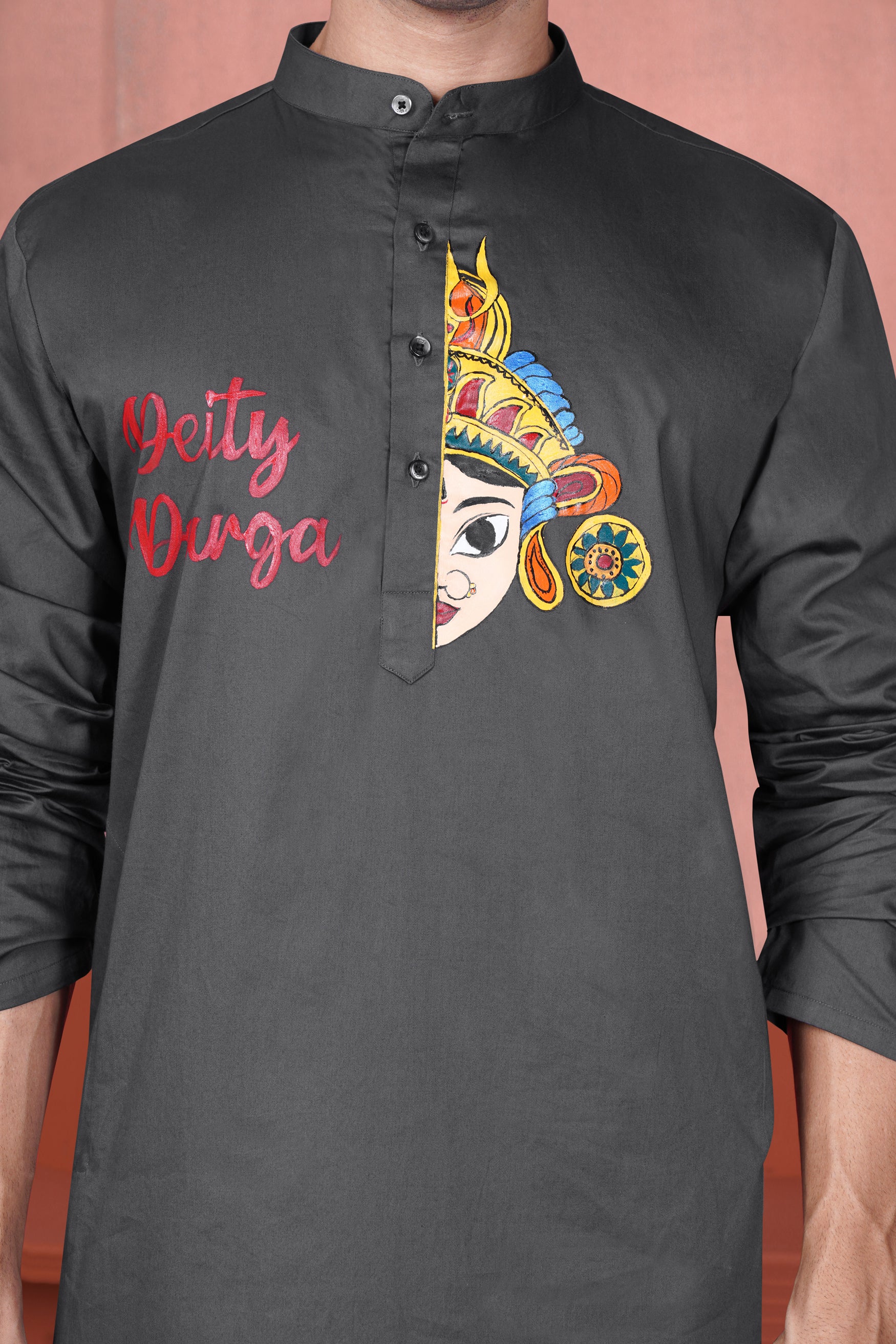 Iridium Gray Deity Durga Hand Painted Subtle Sheen Super Soft Premium Cotton Designer Kurta