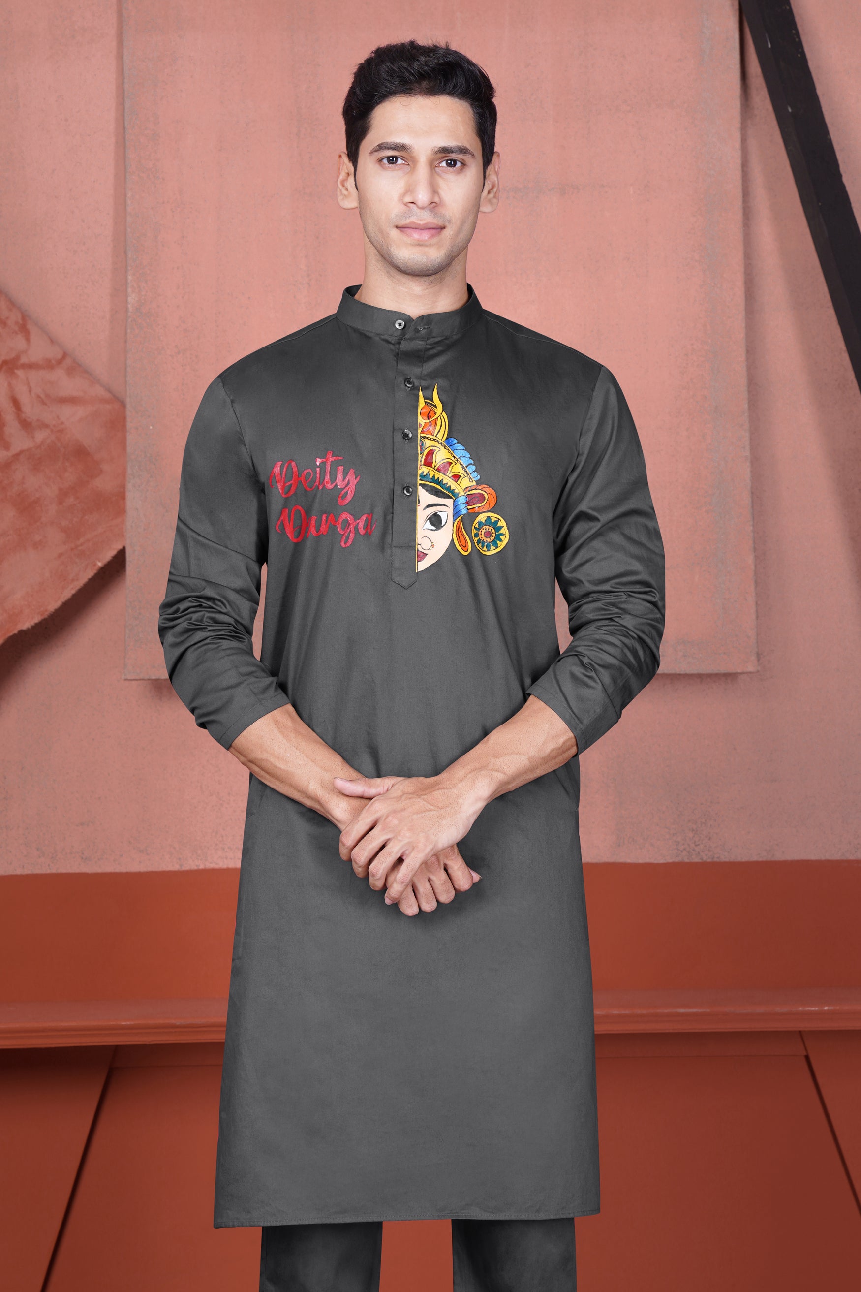 Iridium Gray Deity Durga Hand Painted Subtle Sheen Super Soft Premium Cotton Designer Kurta