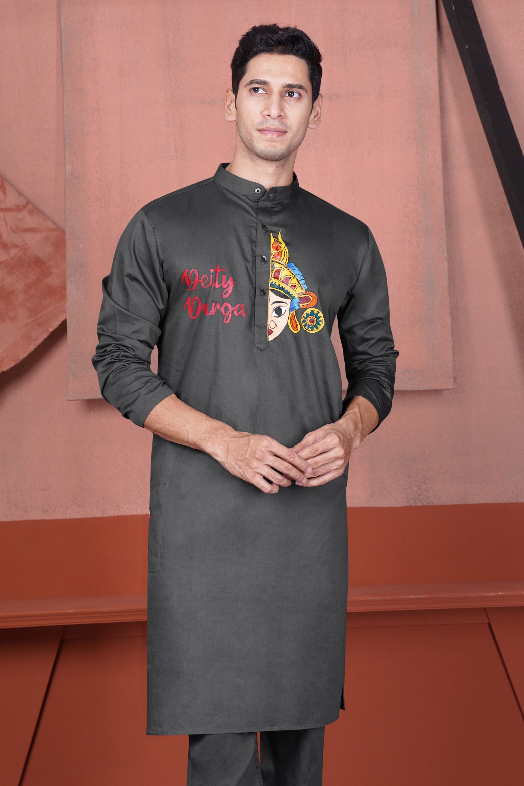 Iridium Gray Deity Durga Hand Painted Subtle Sheen Super Soft Premium Cotton Designer Kurta