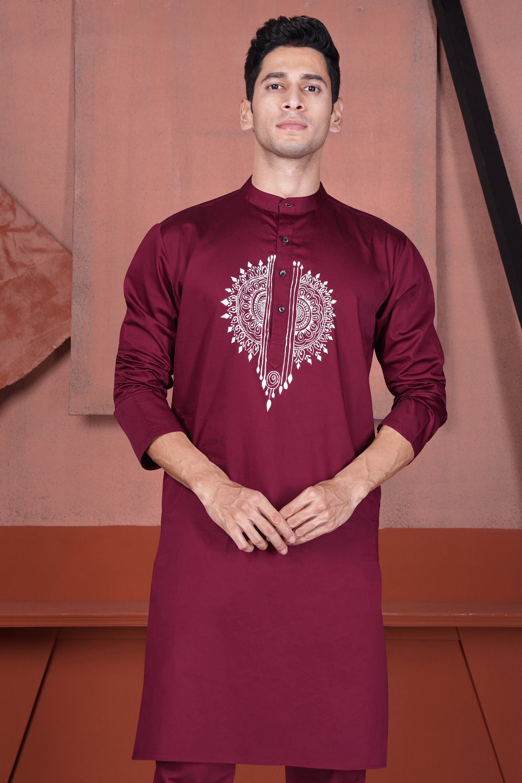 Merlot Maroon Alpana Art Hand Painted Subtle Sheen Super Soft Premium Designer Kurta