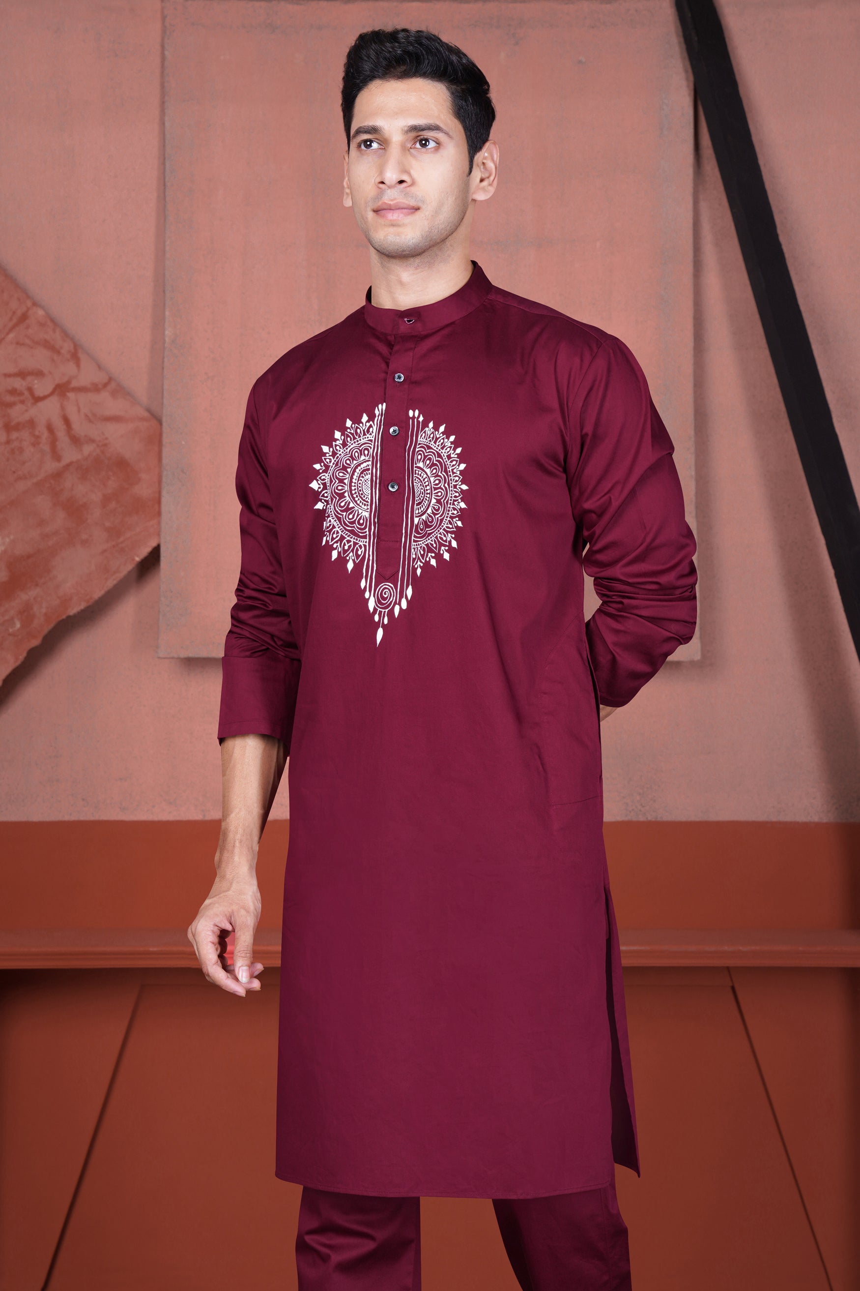 Merlot Maroon Alpana Art Hand Painted Subtle Sheen Super Soft Premium Designer Kurta