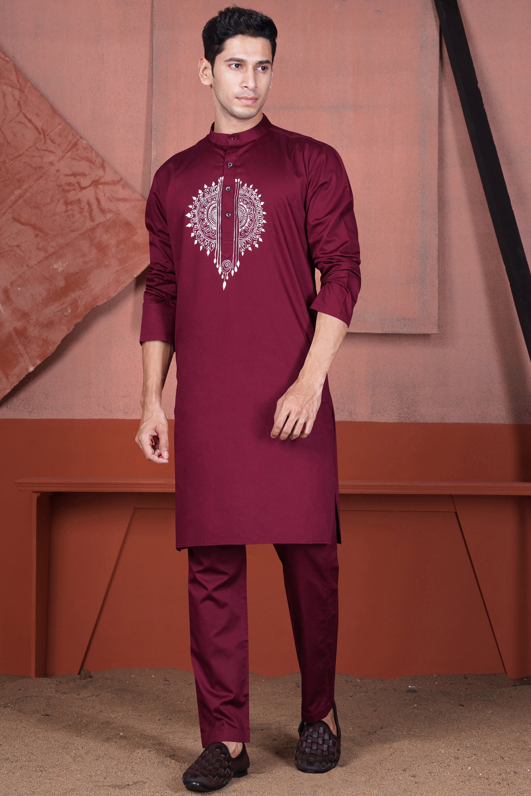 Merlot Maroon Alpana Art Hand Painted Subtle Sheen Super Soft Premium Designer Kurta