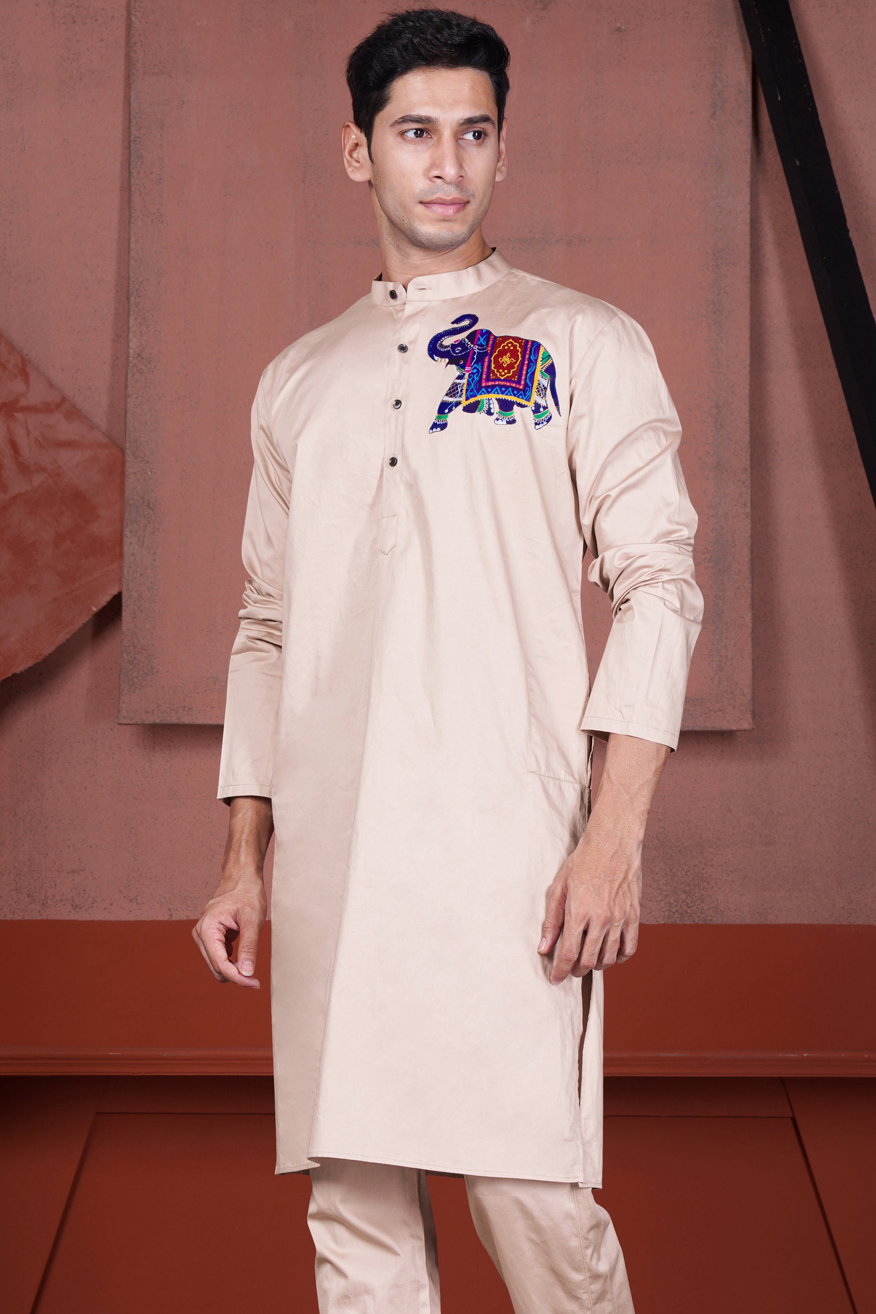 Cavern Peach Elephant Hand Painted Subtle Sheen Super Soft Premium Cotton Designer Kurta