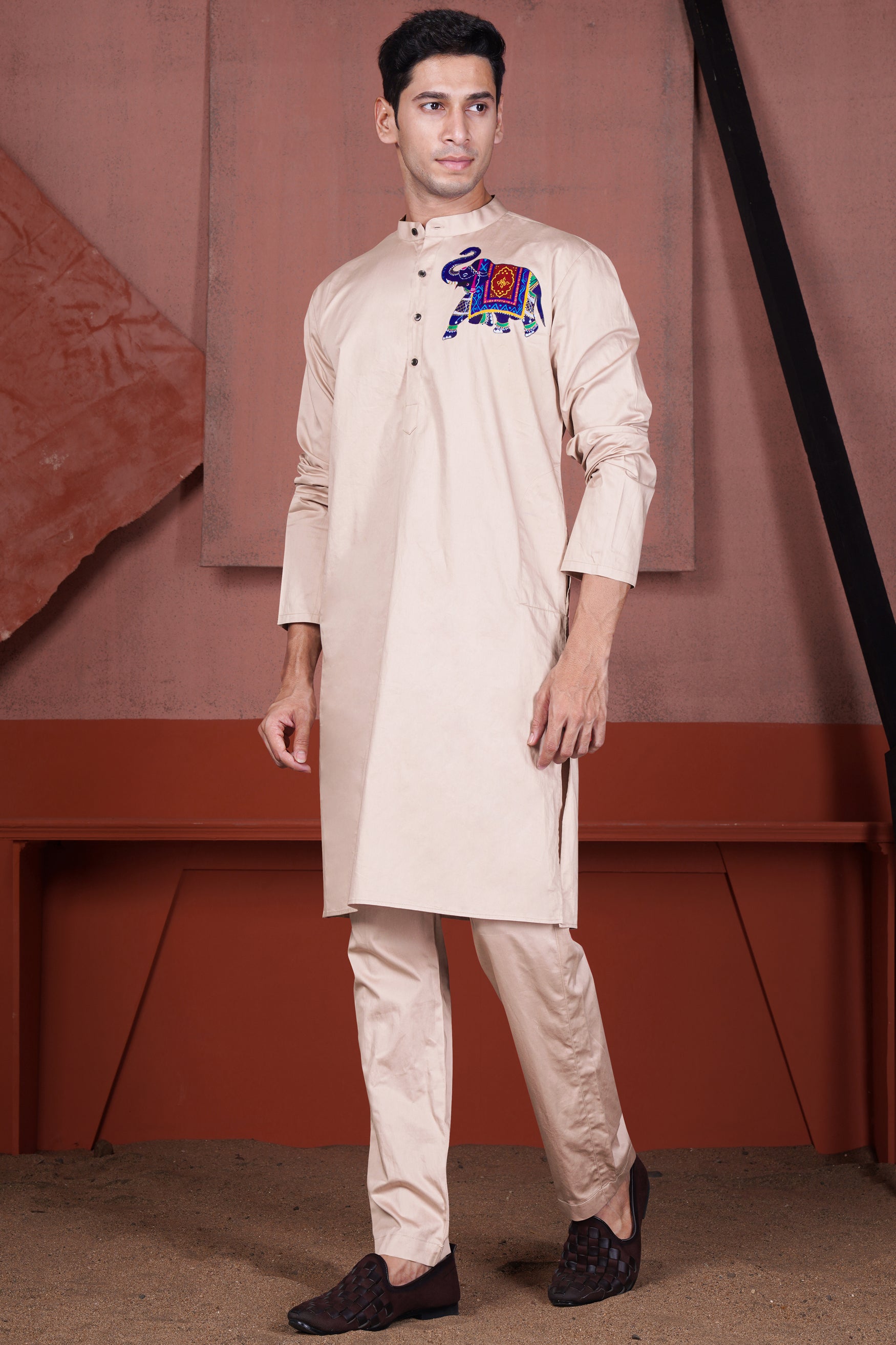 Cavern Peach Elephant Hand Painted Subtle Sheen Super Soft Premium Cotton Designer Kurta