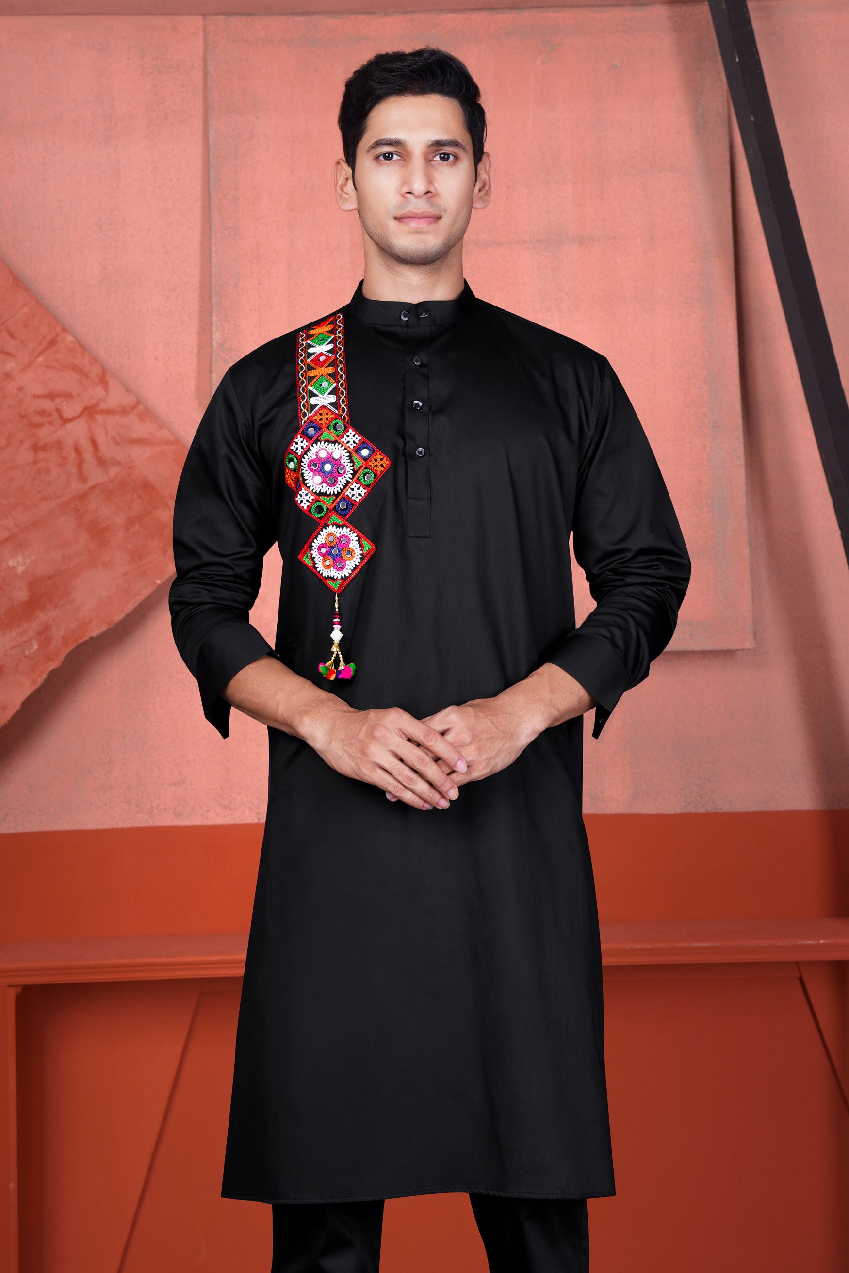 Jade Black Multicolour Kutch Work Patches with Mirror Work Subtle Sheen Super Soft Premium Cotton Designer Kurta