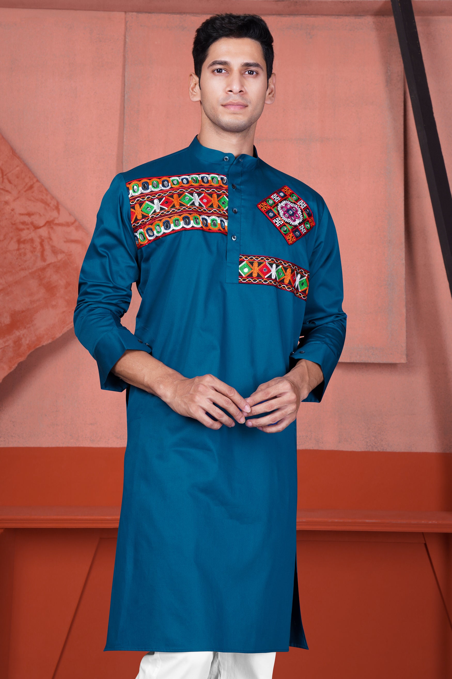 Astronaut Blue Multicolour Kutch Work Patches with Mirror Work Subtle Sheen Super Soft Premium Cotton Designer Kurta