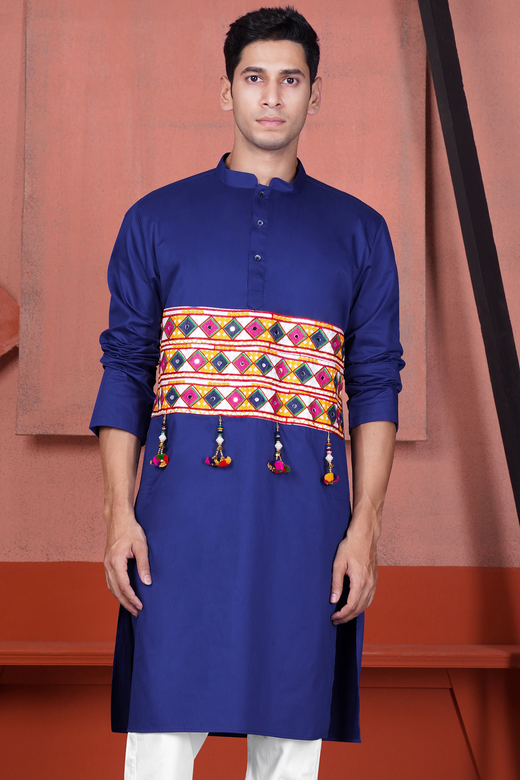 Admiral Blue Horizontal Kutch Work Patches with Mirror Work Subtle Sheen Super Soft Premium Cotton Designer Kurta