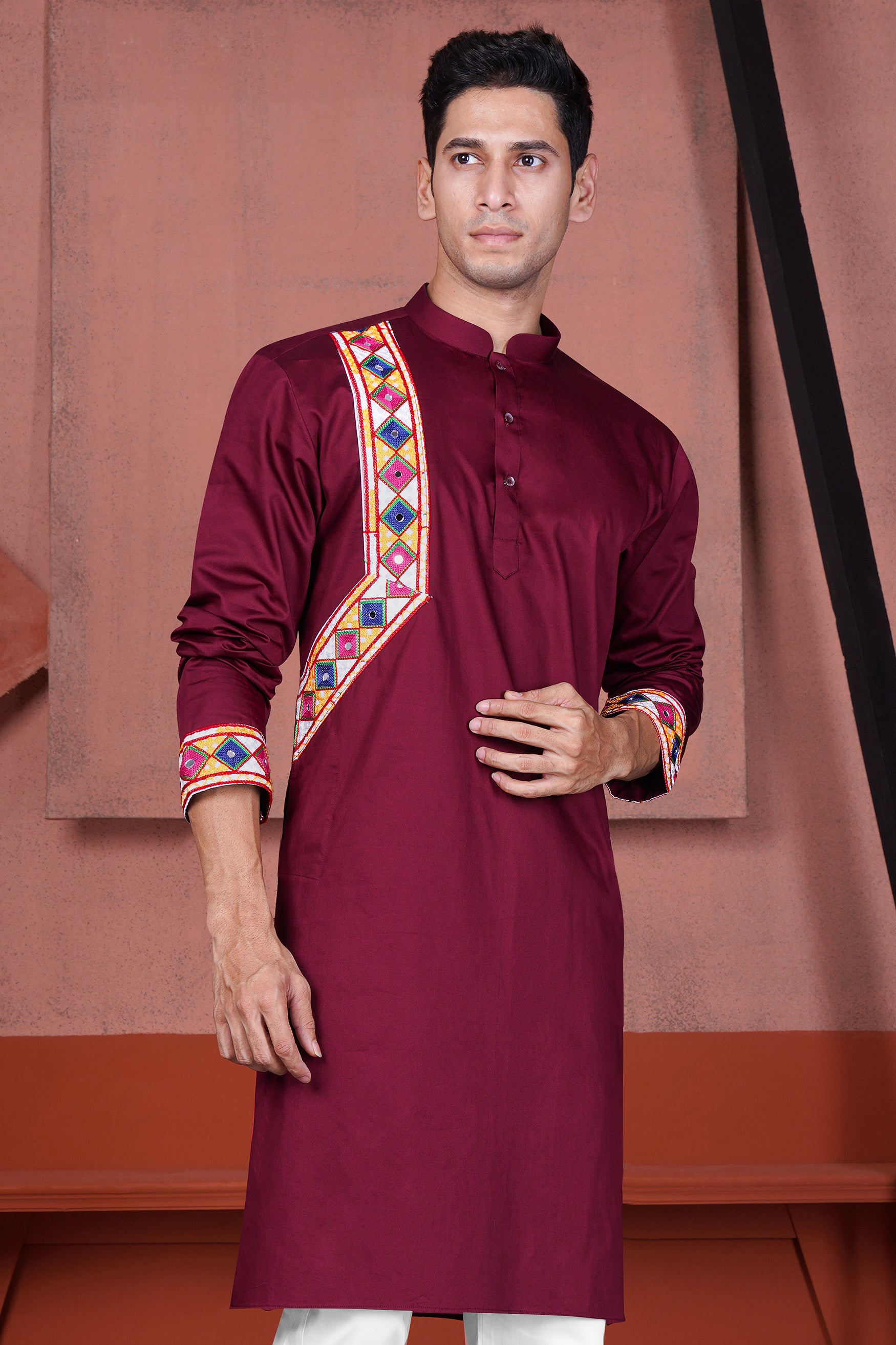 Crater Maroon Kutch Work Patches with Mirror Work Subtle Sheen Super Soft Premium Cotton Designer Kurta