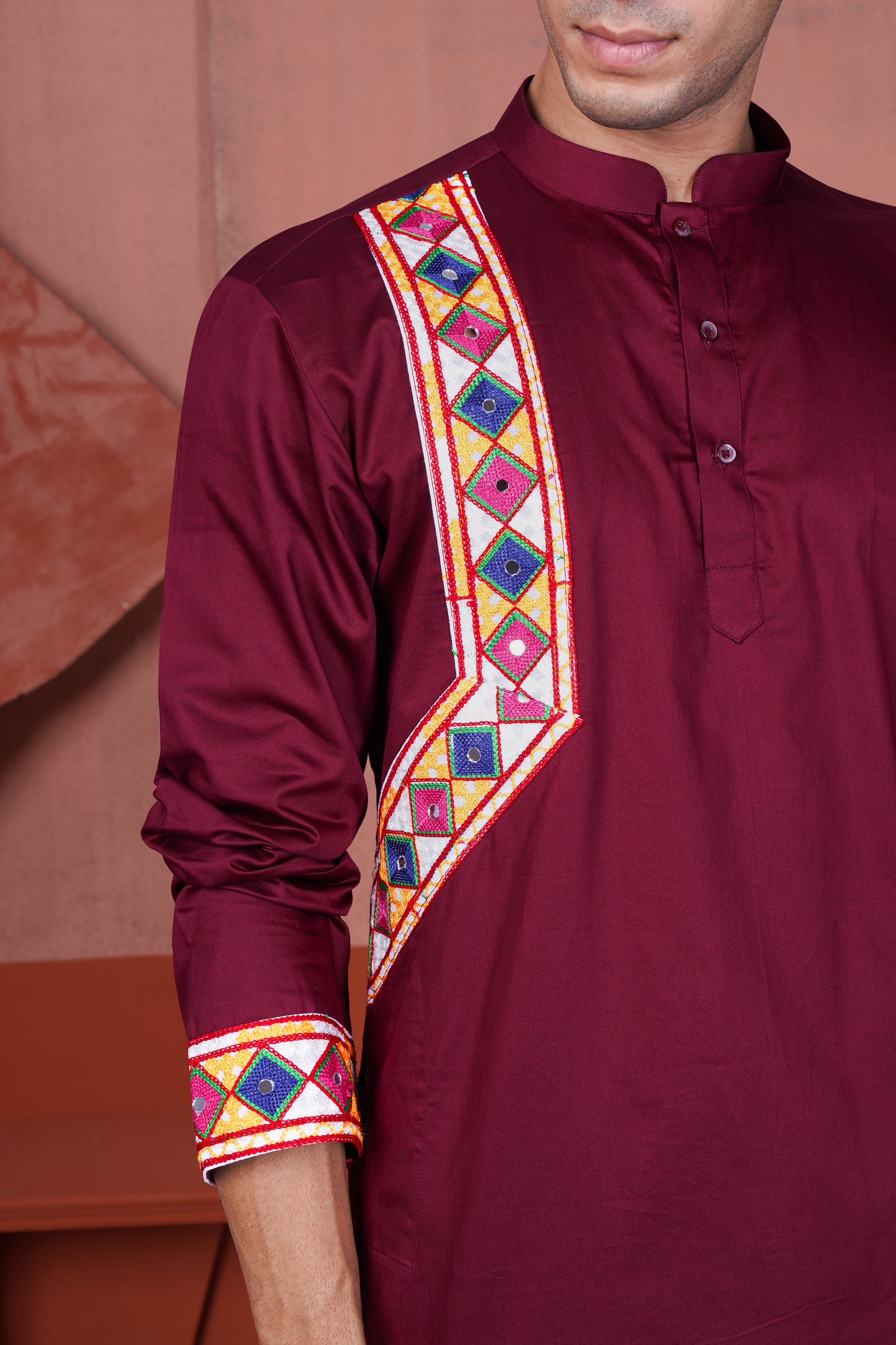 Crater Maroon Kutch Work Patches with Mirror Work Subtle Sheen Super Soft Premium Cotton Designer Kurta