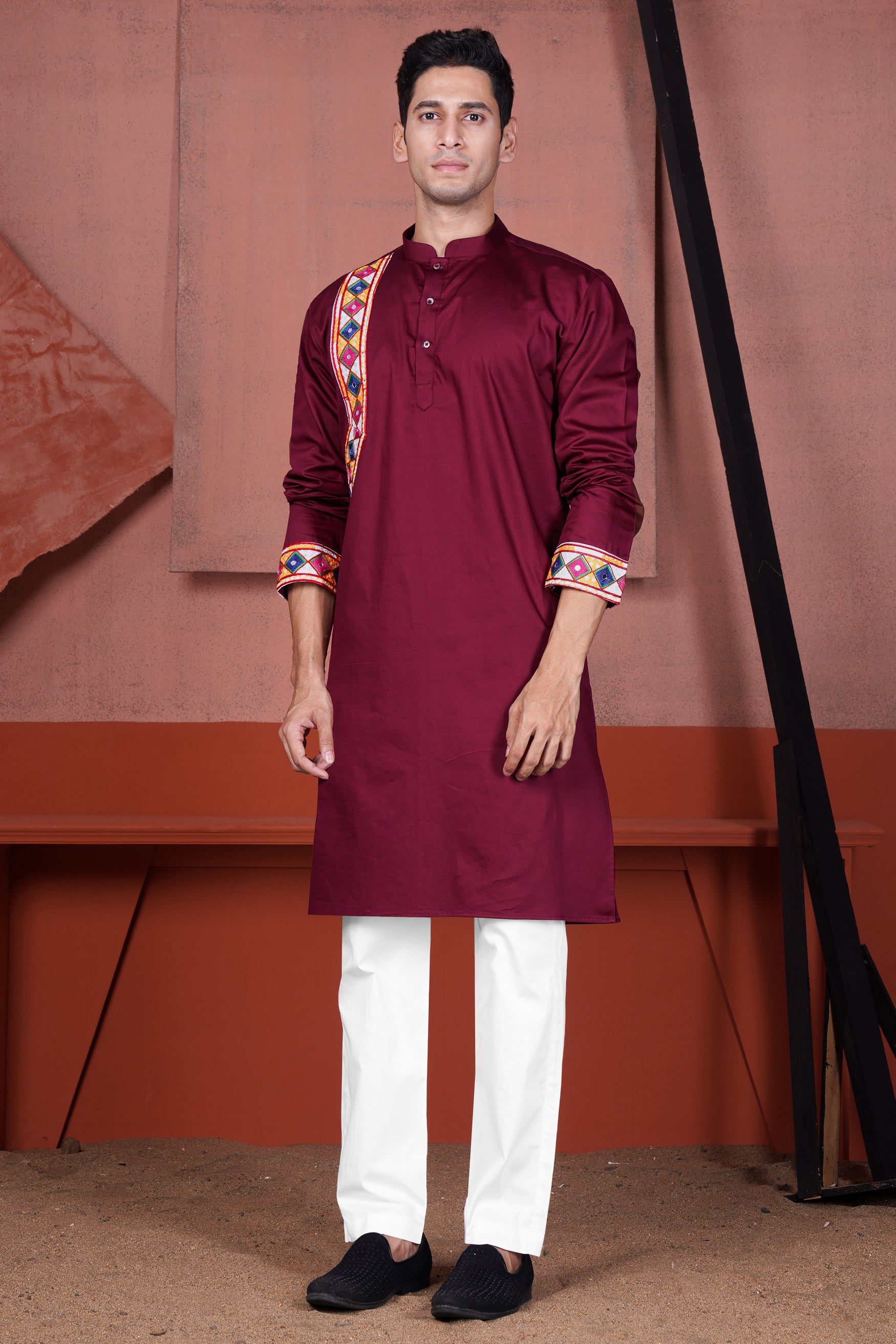 Crater Maroon Kutch Work Patches with Mirror Work Subtle Sheen Super Soft Premium Cotton Designer Kurta