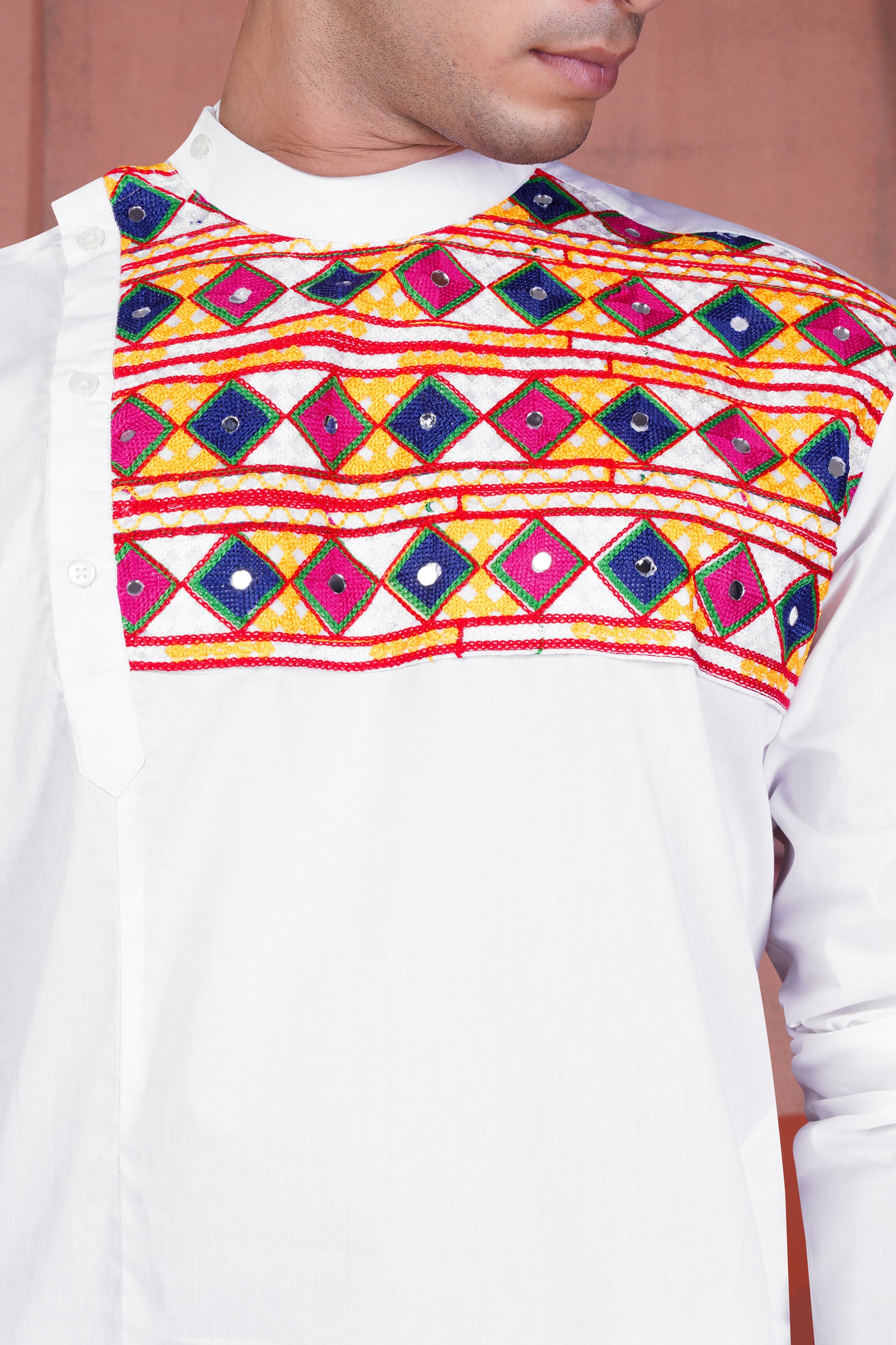 Bright White Multicolour Kutch Work Patches with Mirror Work Premium Cotton Designer Kurta