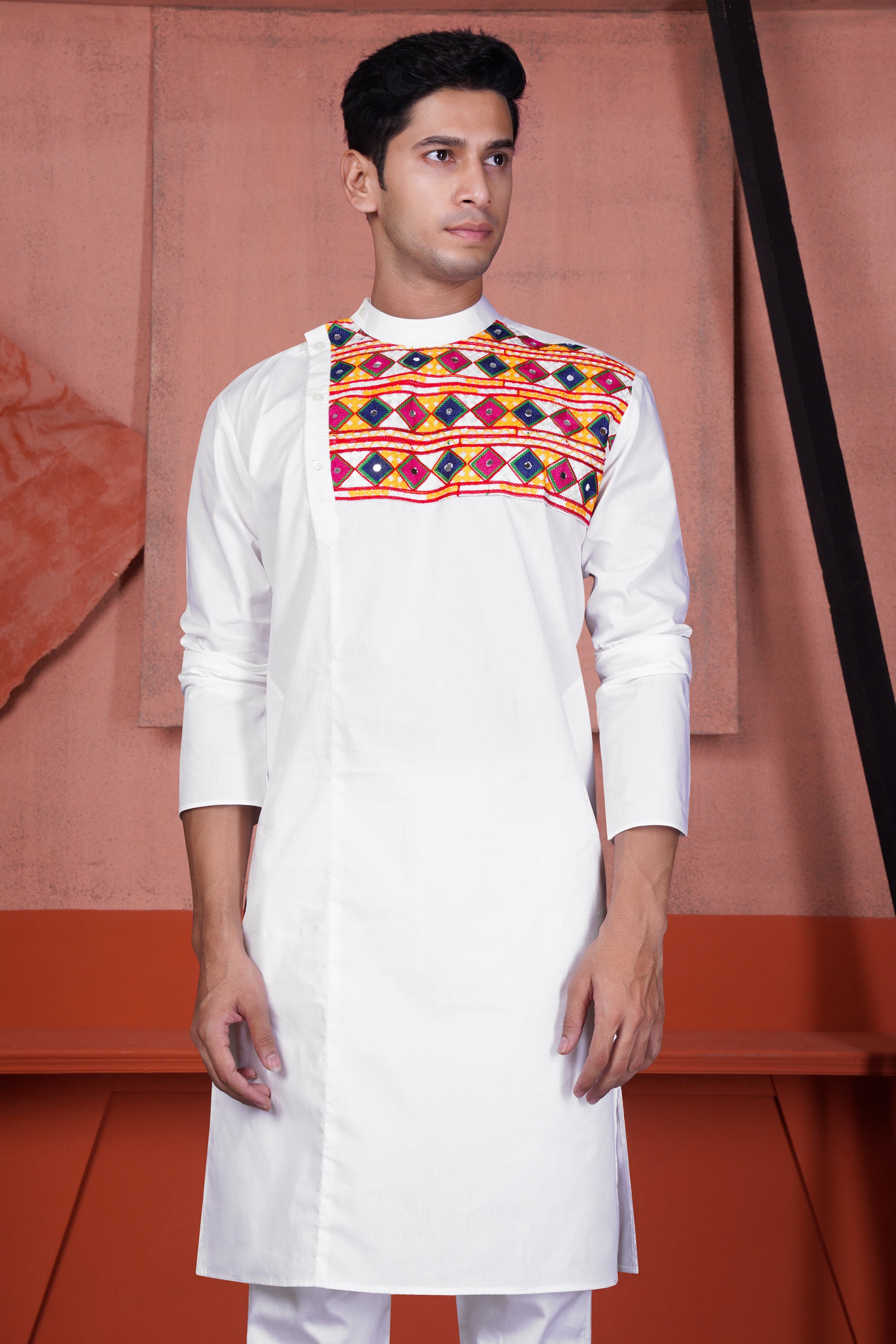 Bright White Multicolour Kutch Work Patches with Mirror Work Premium Cotton Designer Kurta