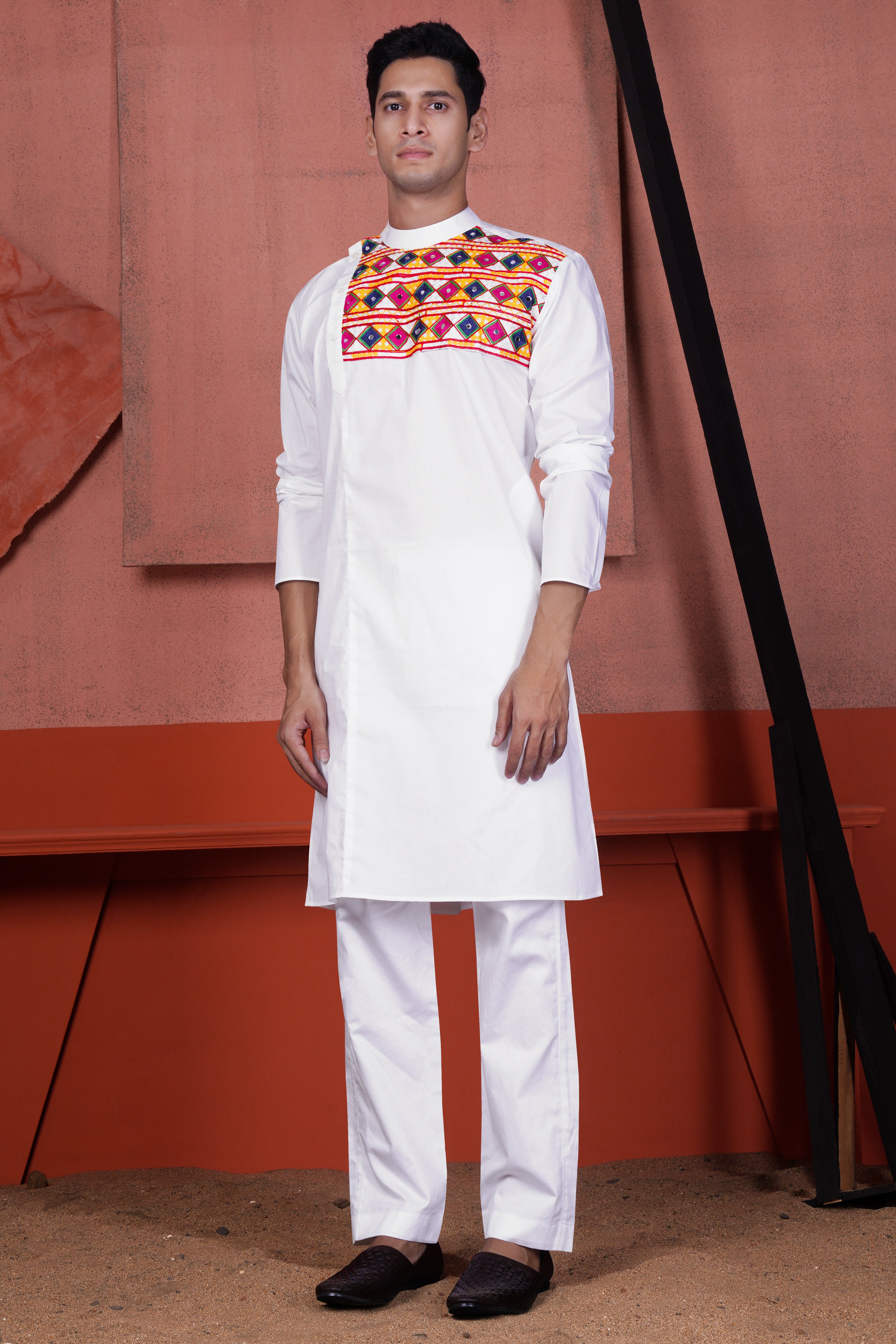 Bright White Multicolour Kutch Work Patches with Mirror Work Premium Cotton Designer Kurta