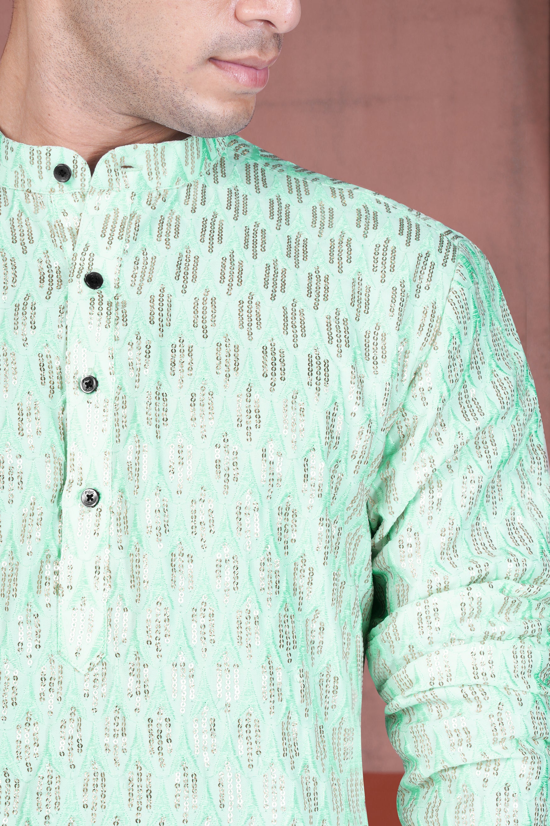 Edgewater Green Viscose Embroidered with Tikki Work Designer Kurta