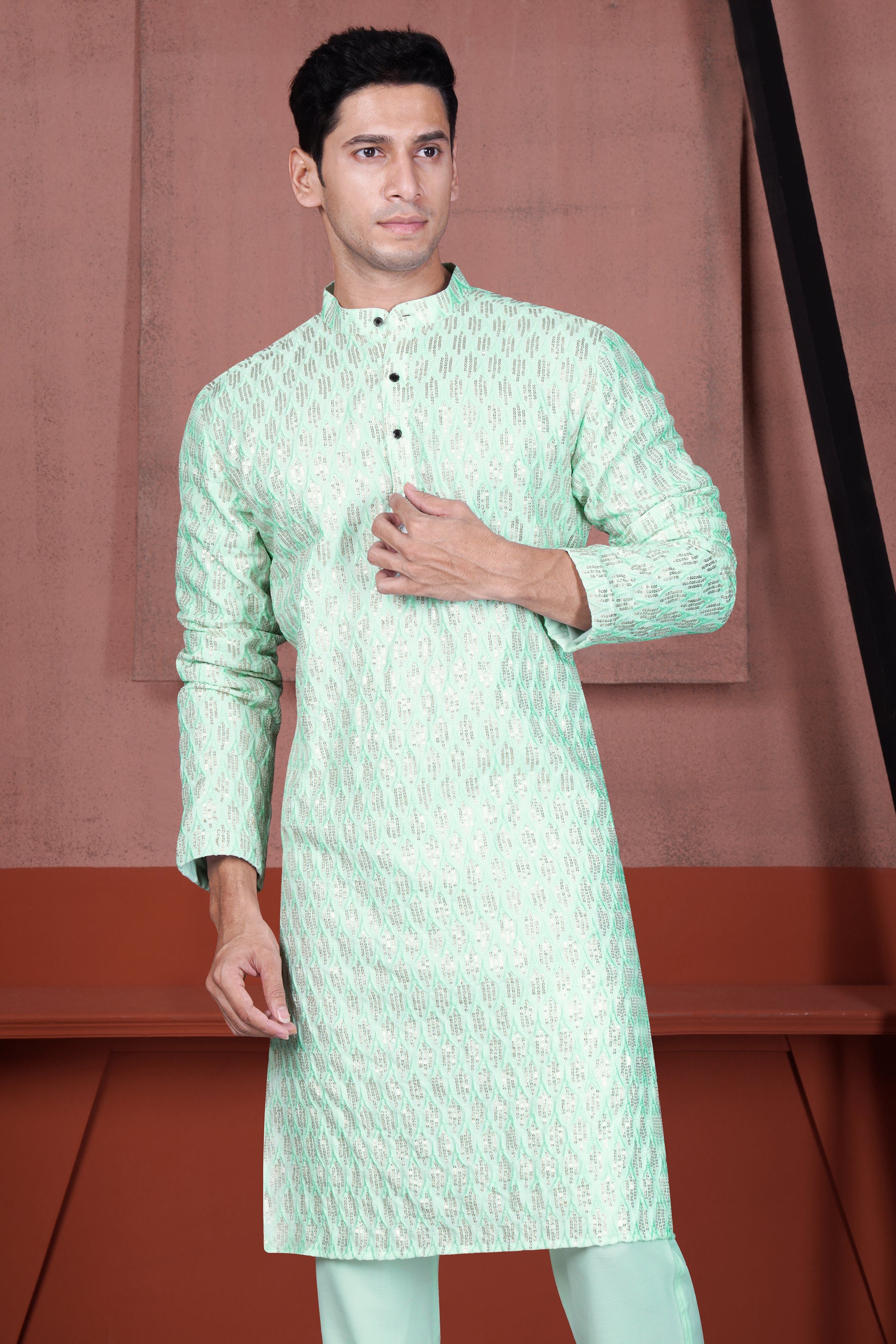 Edgewater Green Viscose Embroidered with Tikki Work Designer Kurta