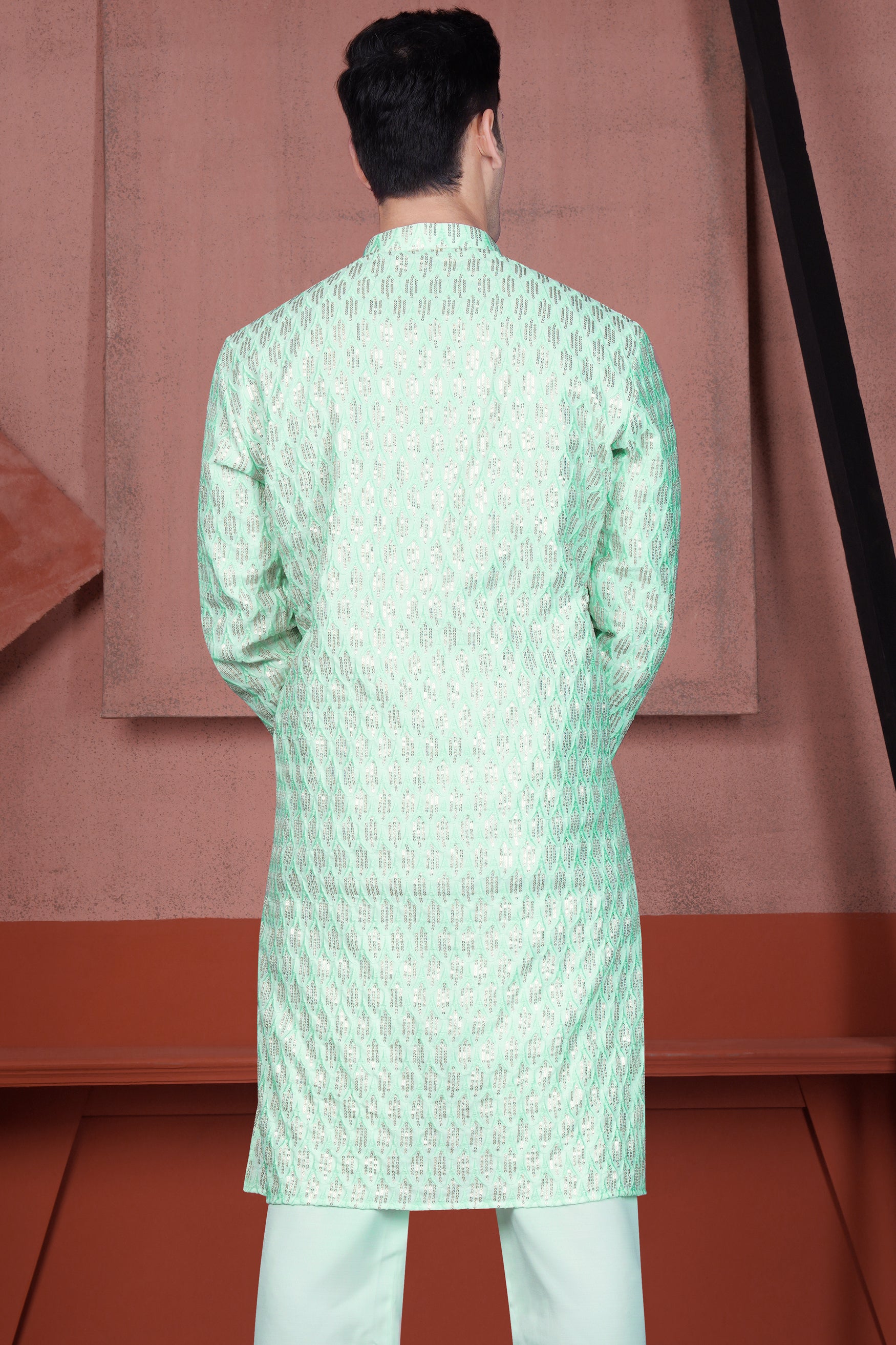 Edgewater Green Viscose Embroidered with Tikki Work Designer Kurta