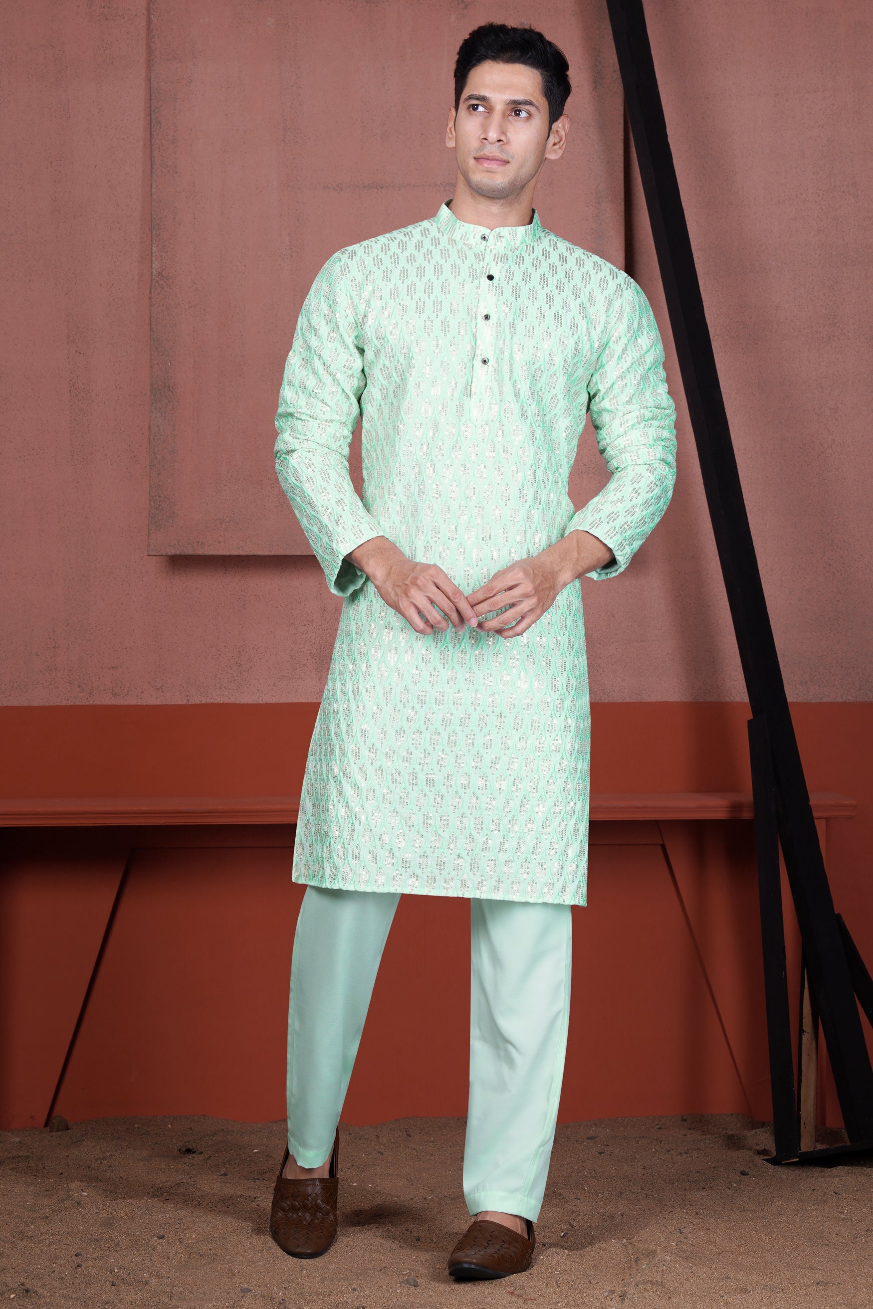 Edgewater Green Viscose Embroidered with Tikki Work Designer Kurta