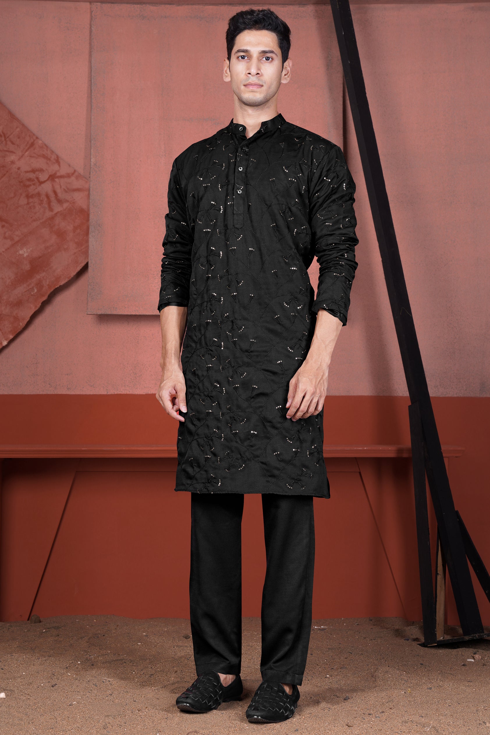 Jade Black Viscose Embroidered with Tikki Work Designer Kurta