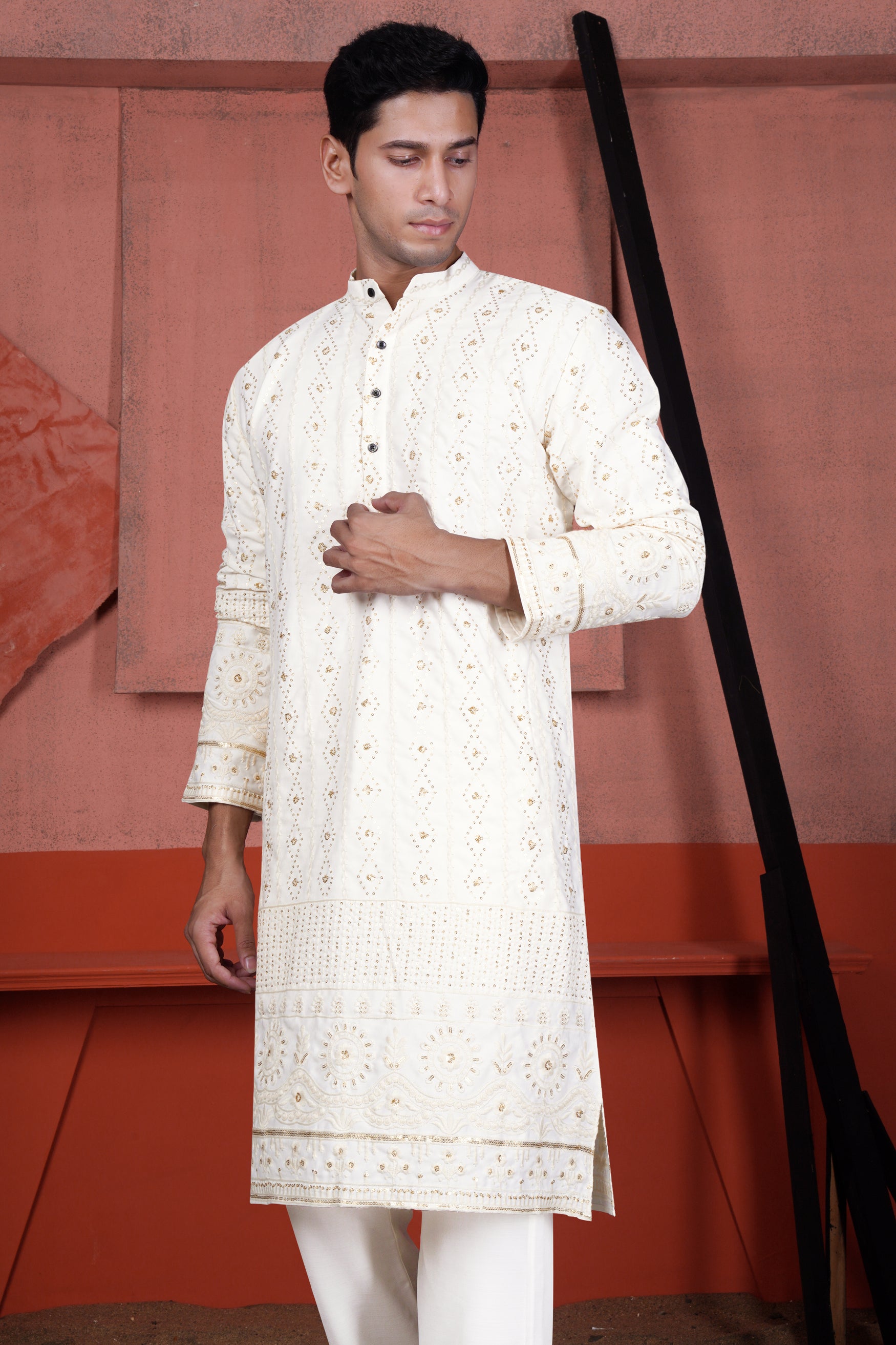 Ecru Cream Viscose Embroidered with Tikki Work Designer Kurta