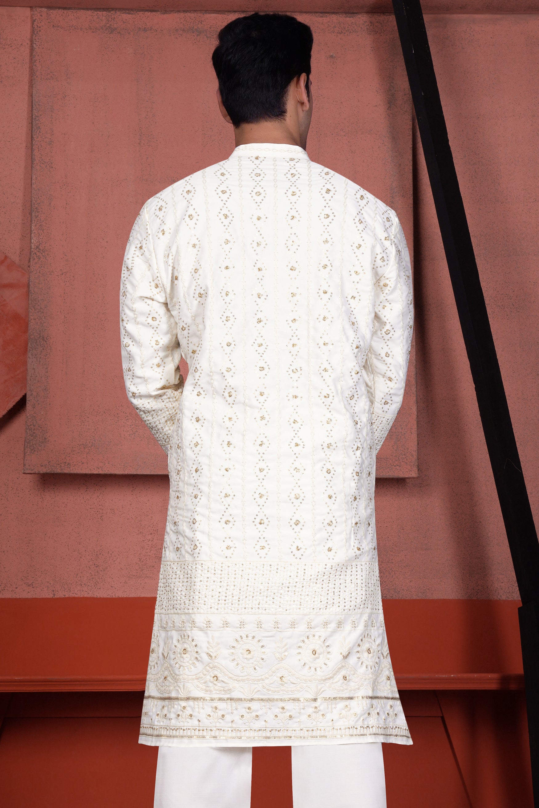 Ecru Cream Viscose Embroidered with Tikki Work Designer Kurta