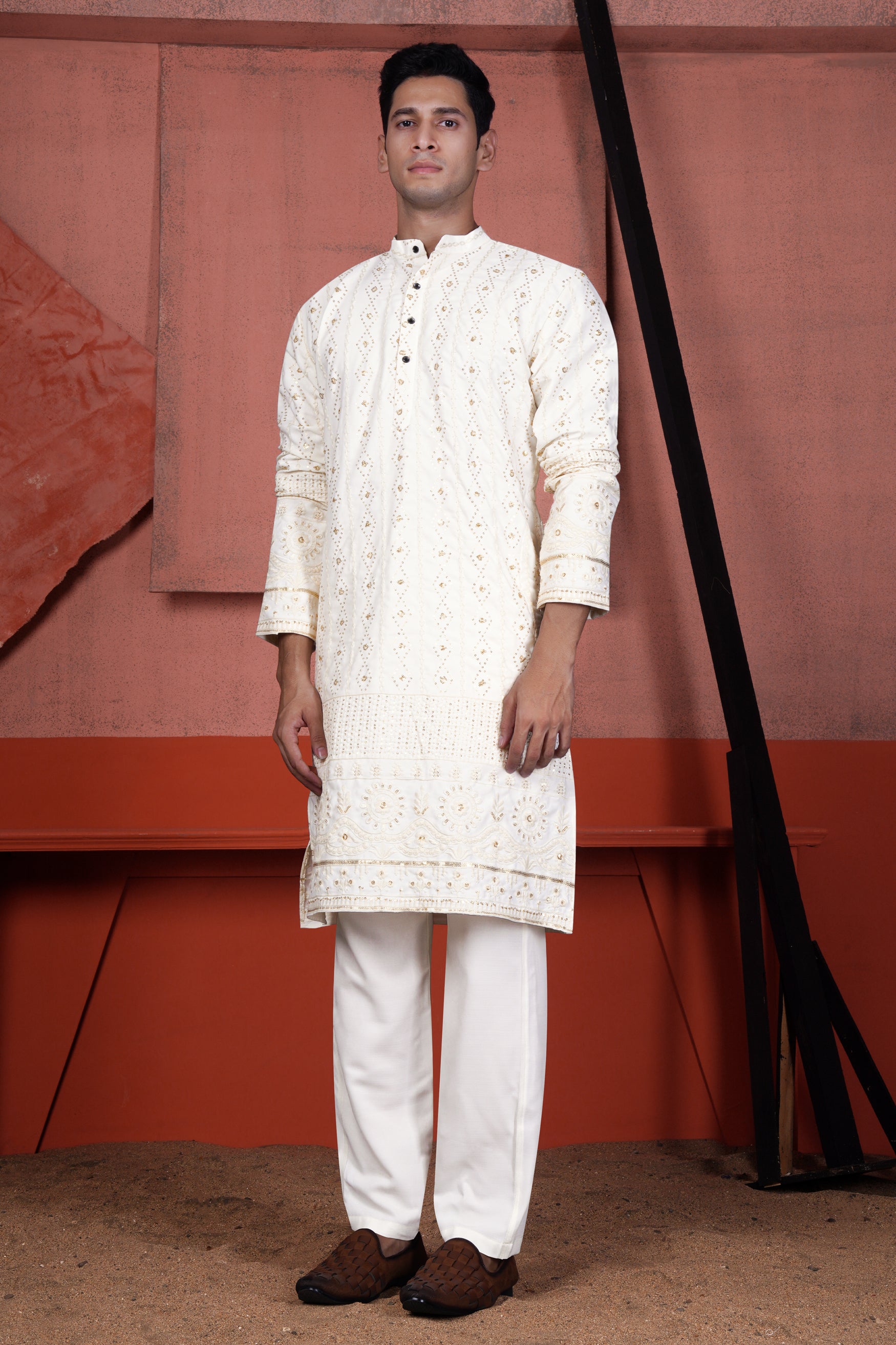 Ecru Cream Viscose Embroidered with Tikki Work Designer Kurta