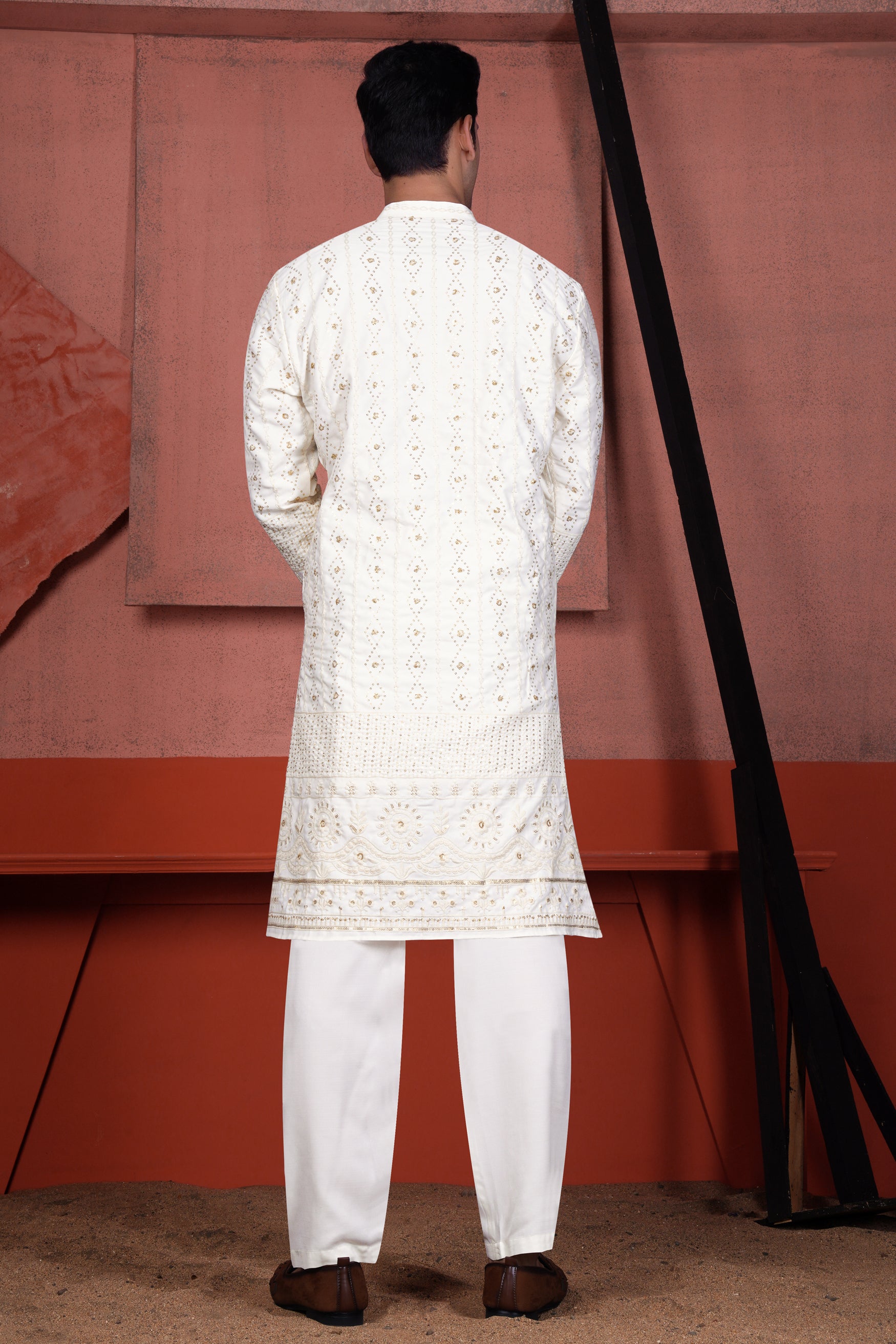 Ecru Cream Viscose Embroidered with Tikki Work Designer Kurta