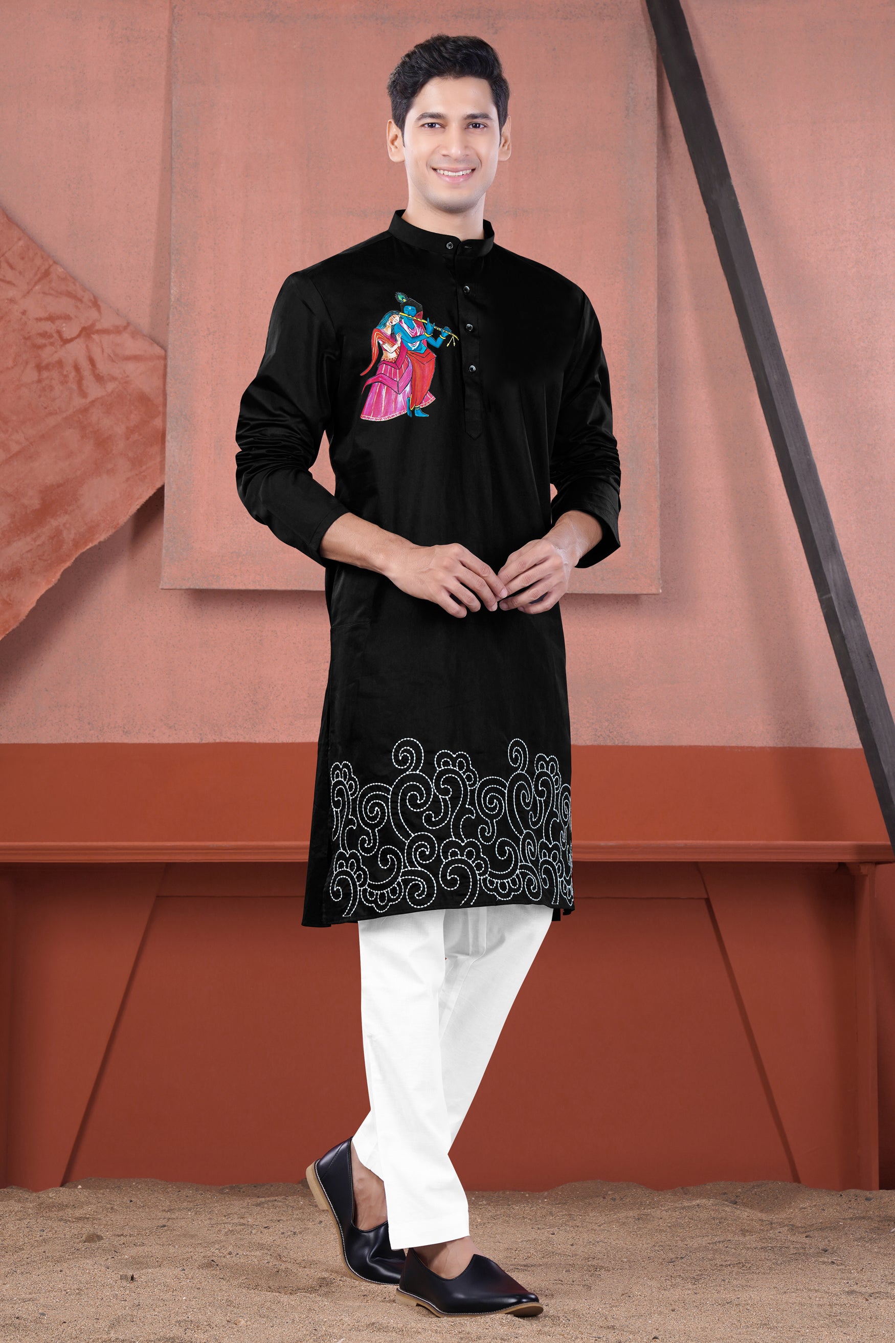 Jade Black Radha Krisha Hand Painted Subtle Sheen Super Soft Premium Cotton Designer Kurta
