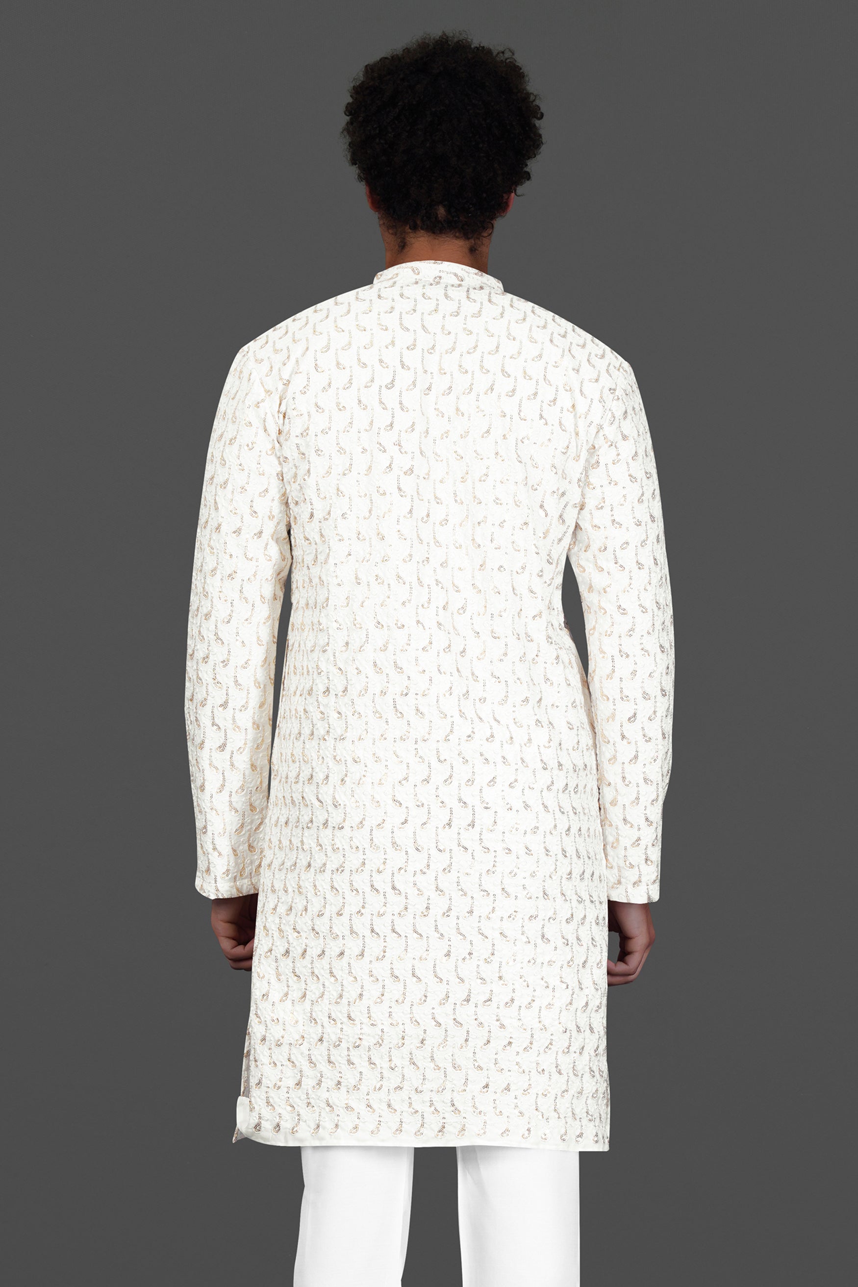 Bright White Leaves Pattern Sequin Embroidered Subtle Sheen Viscose Designer Kurta