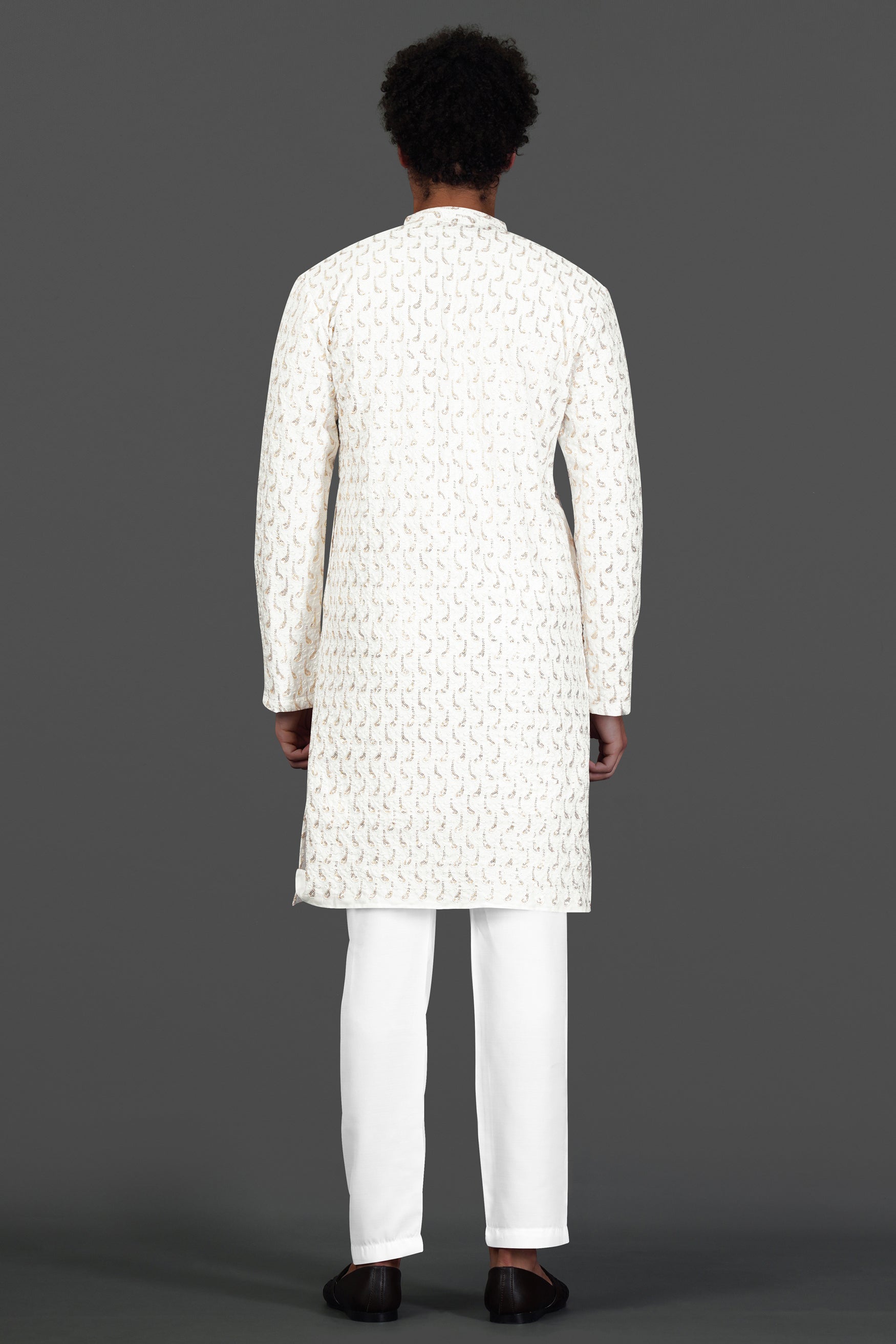 Bright White Leaves Pattern Sequin Embroidered Subtle Sheen Viscose Designer Kurta
