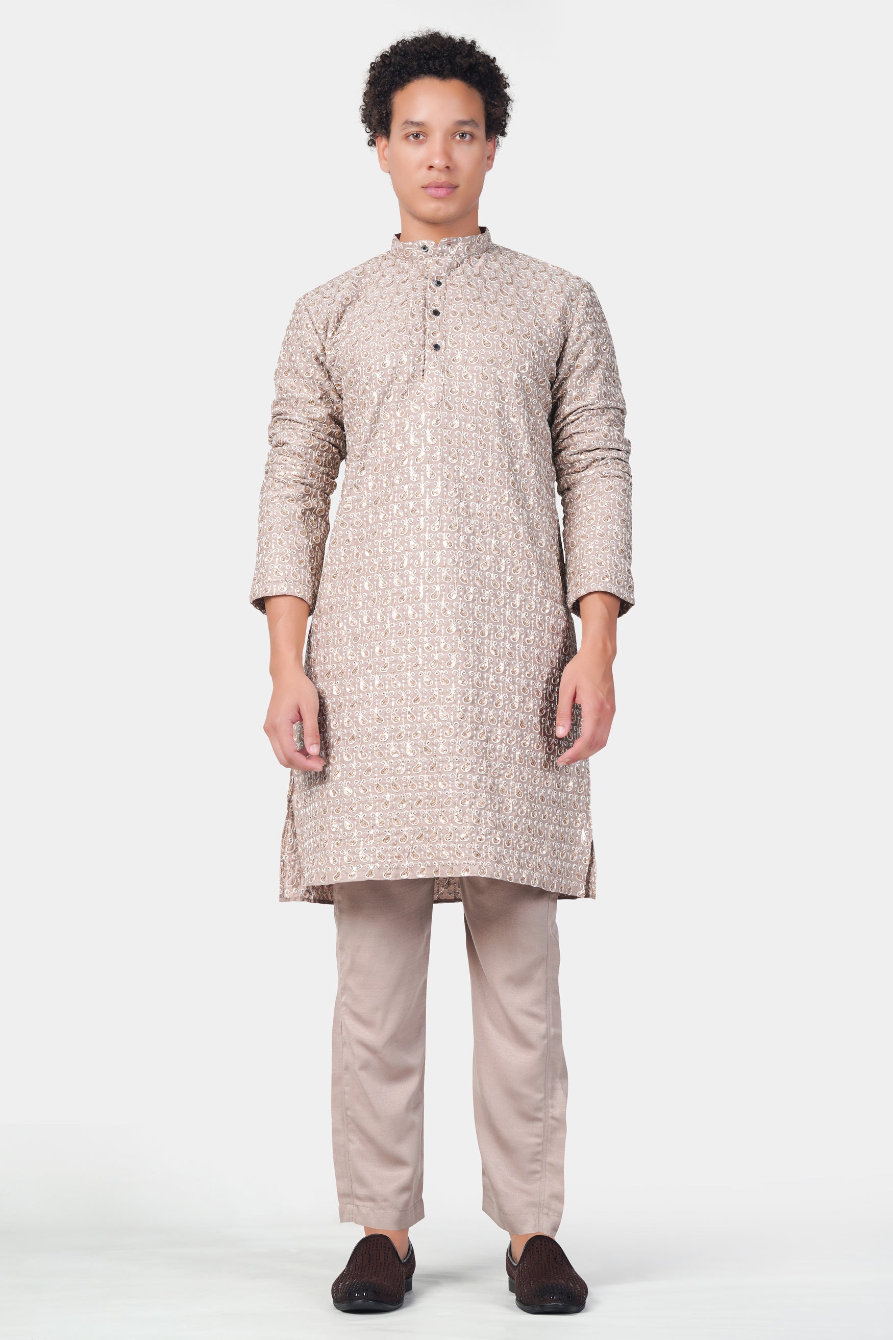 Foggy Brown Paisley Pattern Thread and Sequin Embroidered Subtle Sheen Viscose Designer Kurta