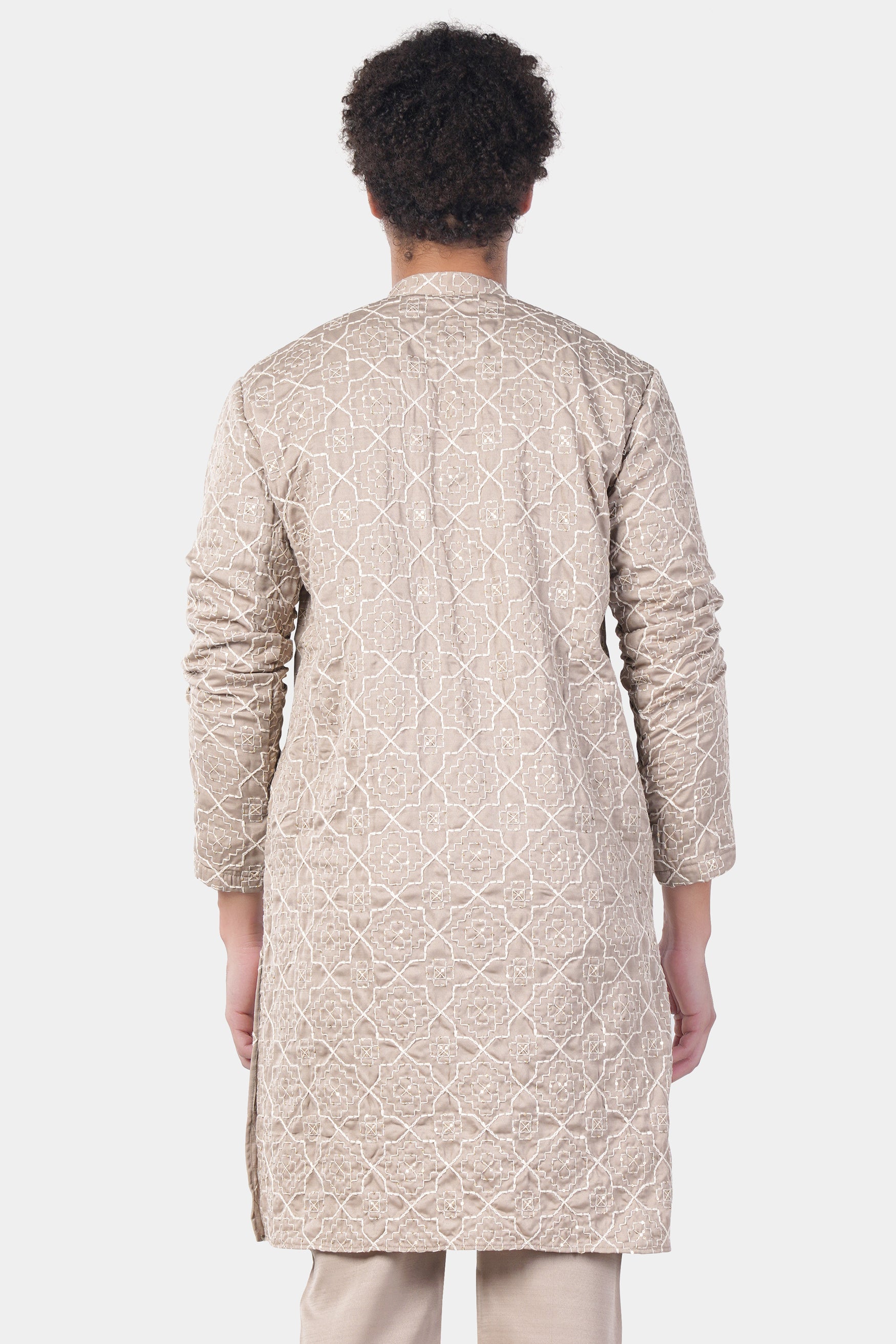 Chalice Brown and White Trellis Pattern Thread and Sequin Embroidered Subtle Sheen Viscose Designer Kurta