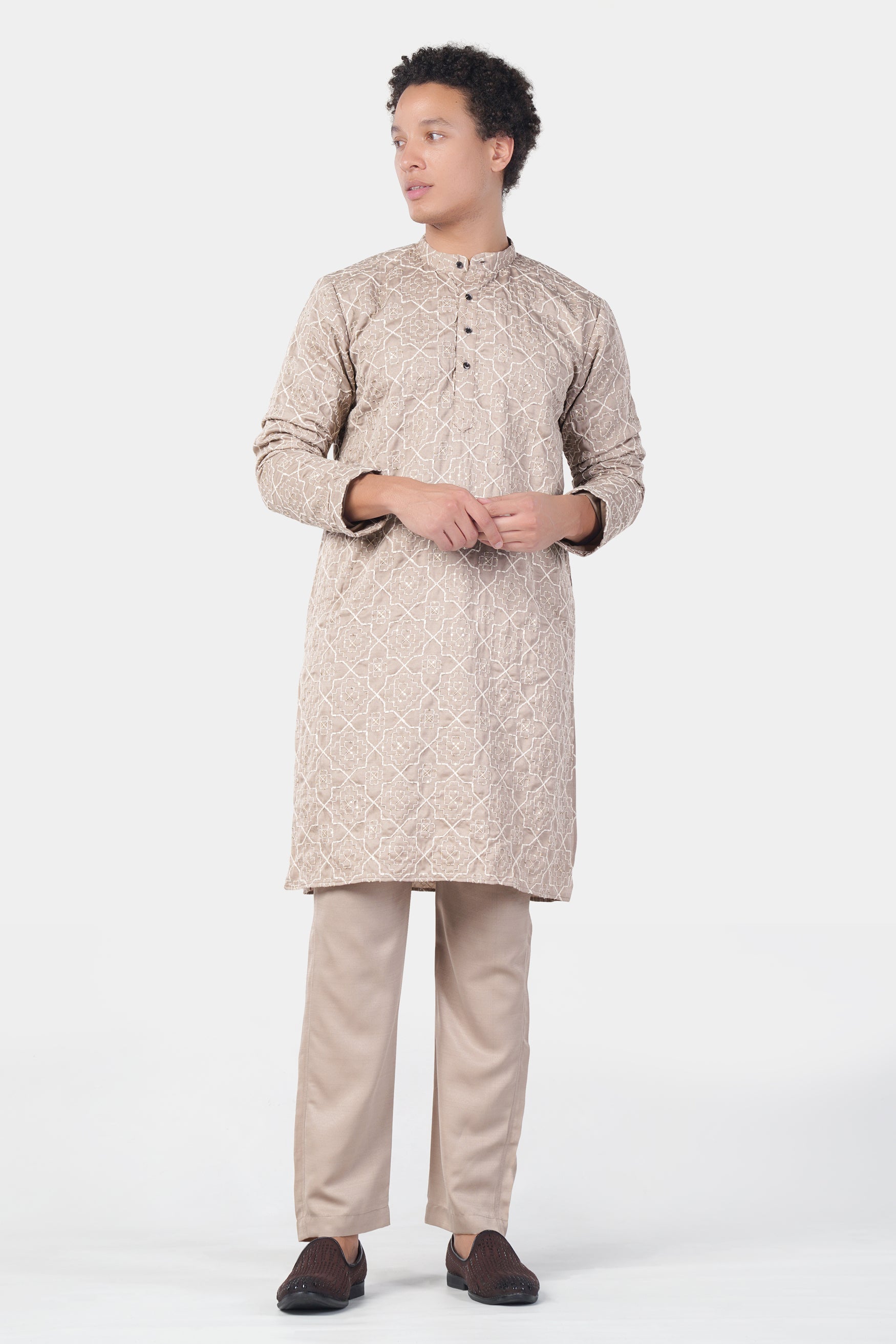 Chalice Brown and White Trellis Pattern Thread and Sequin Embroidered Subtle Sheen Viscose Designer Kurta