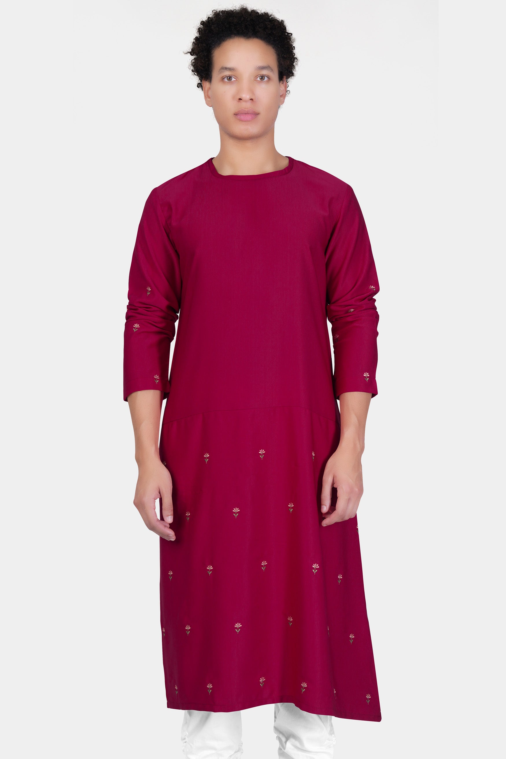 Rubine Maroon Floral Embroidered Viscose Designer Kurta