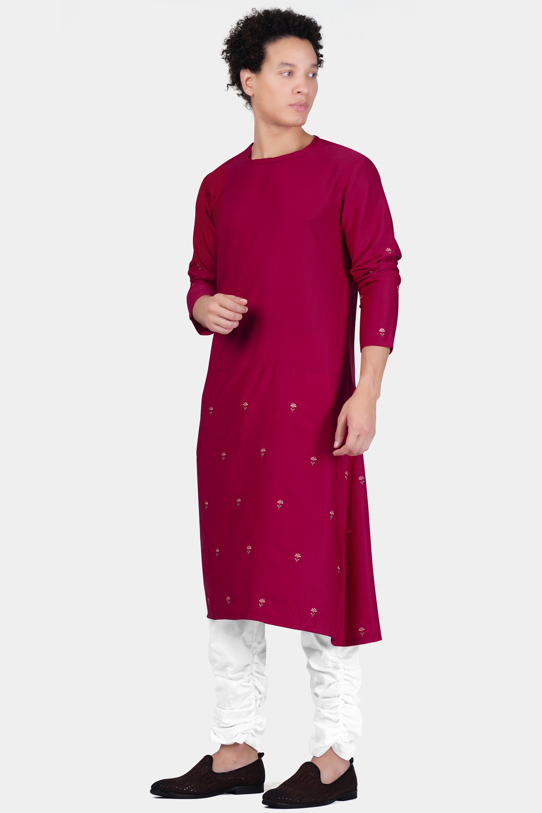 Rubine Maroon Floral Embroidered Viscose Designer Kurta