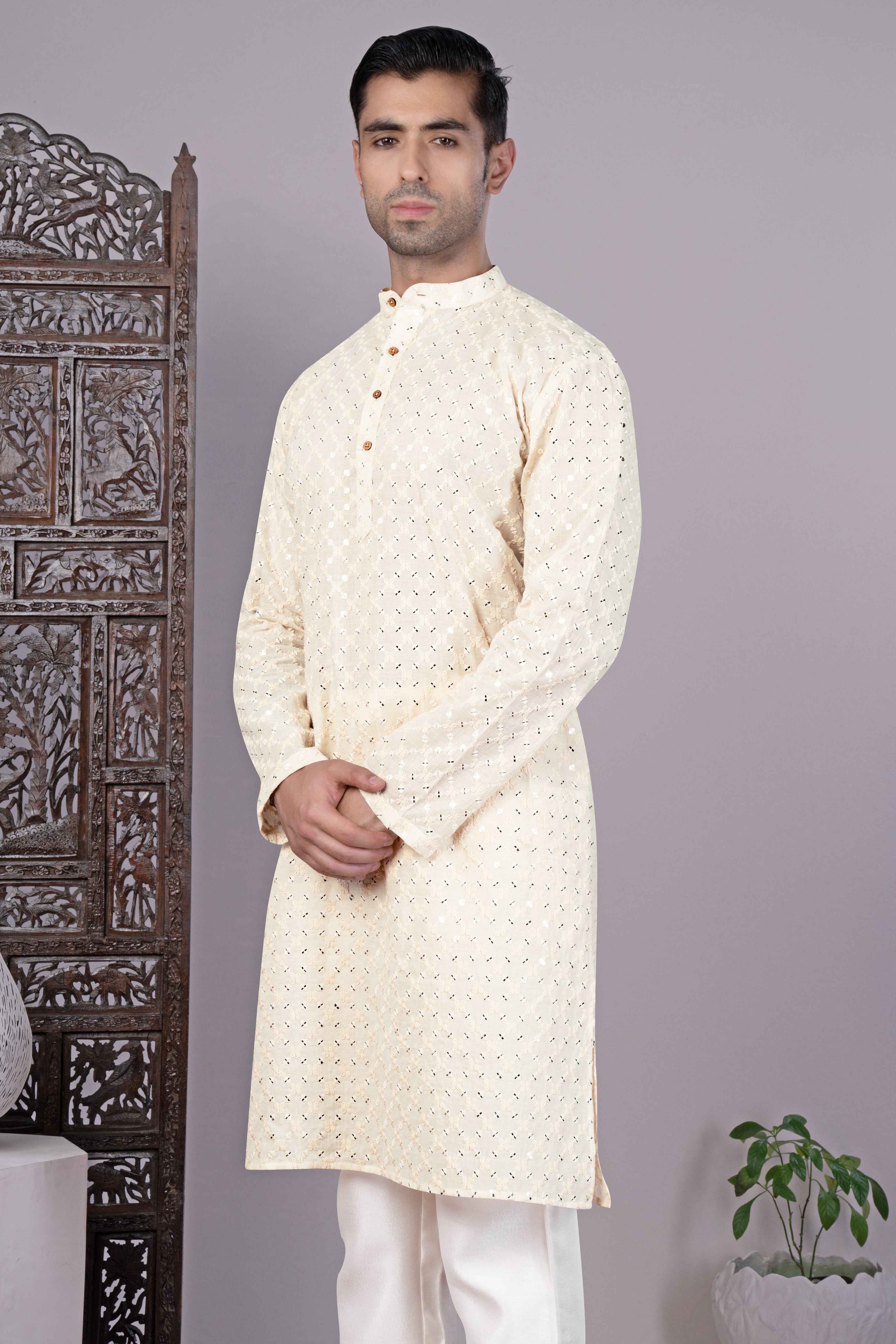 Bright White Geometric Thread and Sequin Embroidered Designer Kurta