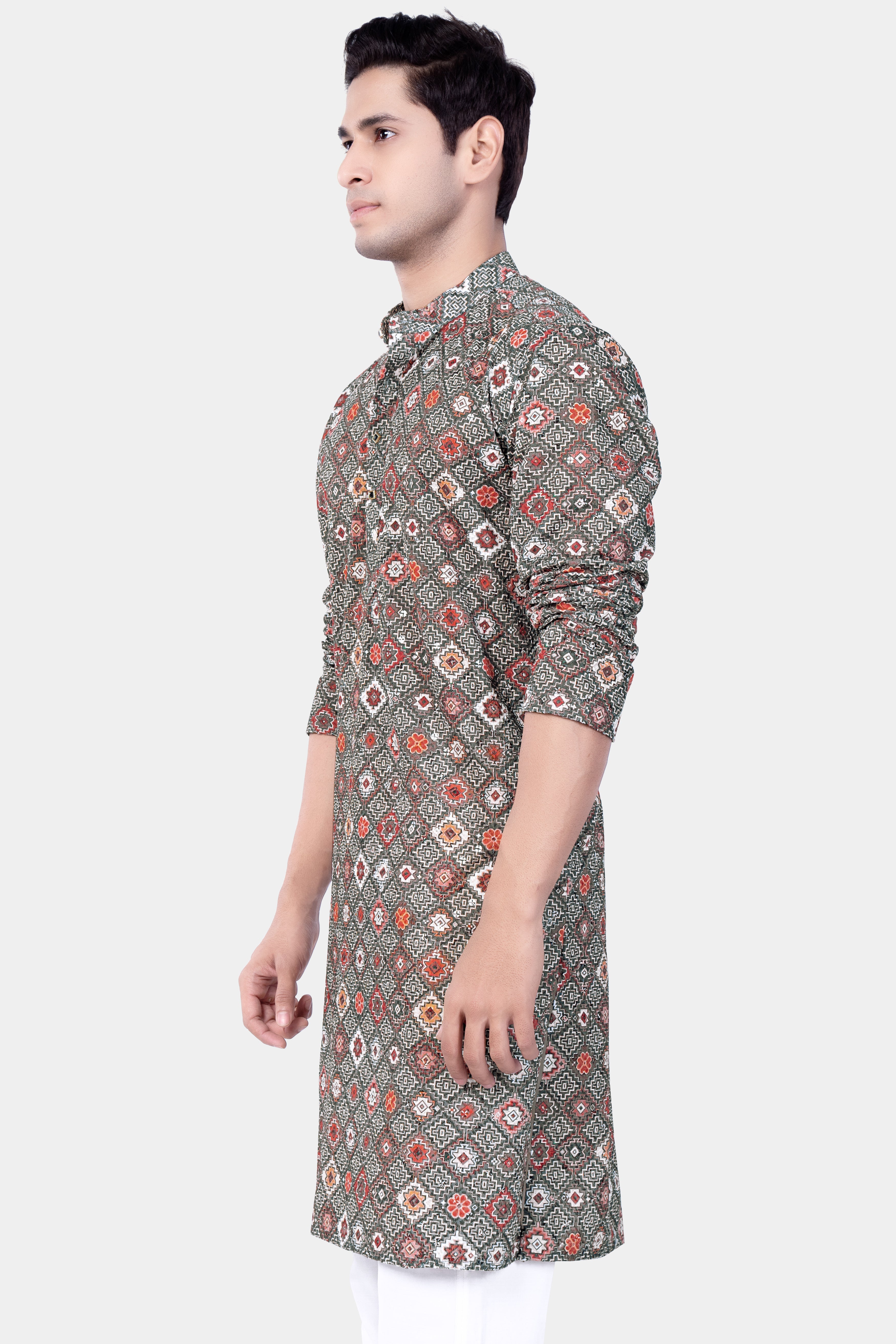 Ironside Green And Rosy Pink Multicolour Thread Embroidered Kurta