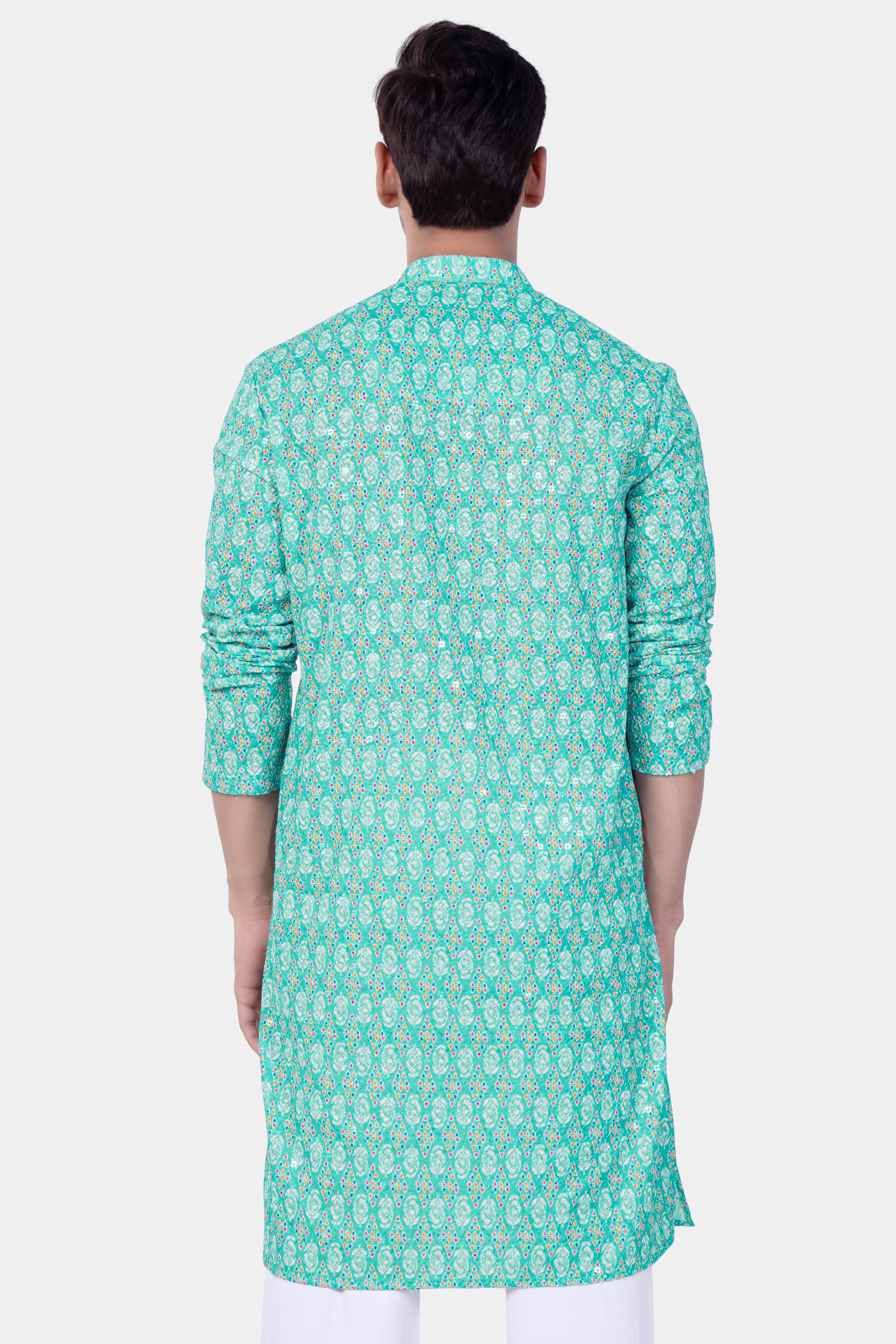 Caribbean Blue And Brilliant Rose Pink Designer Thread Embroidered Kurta