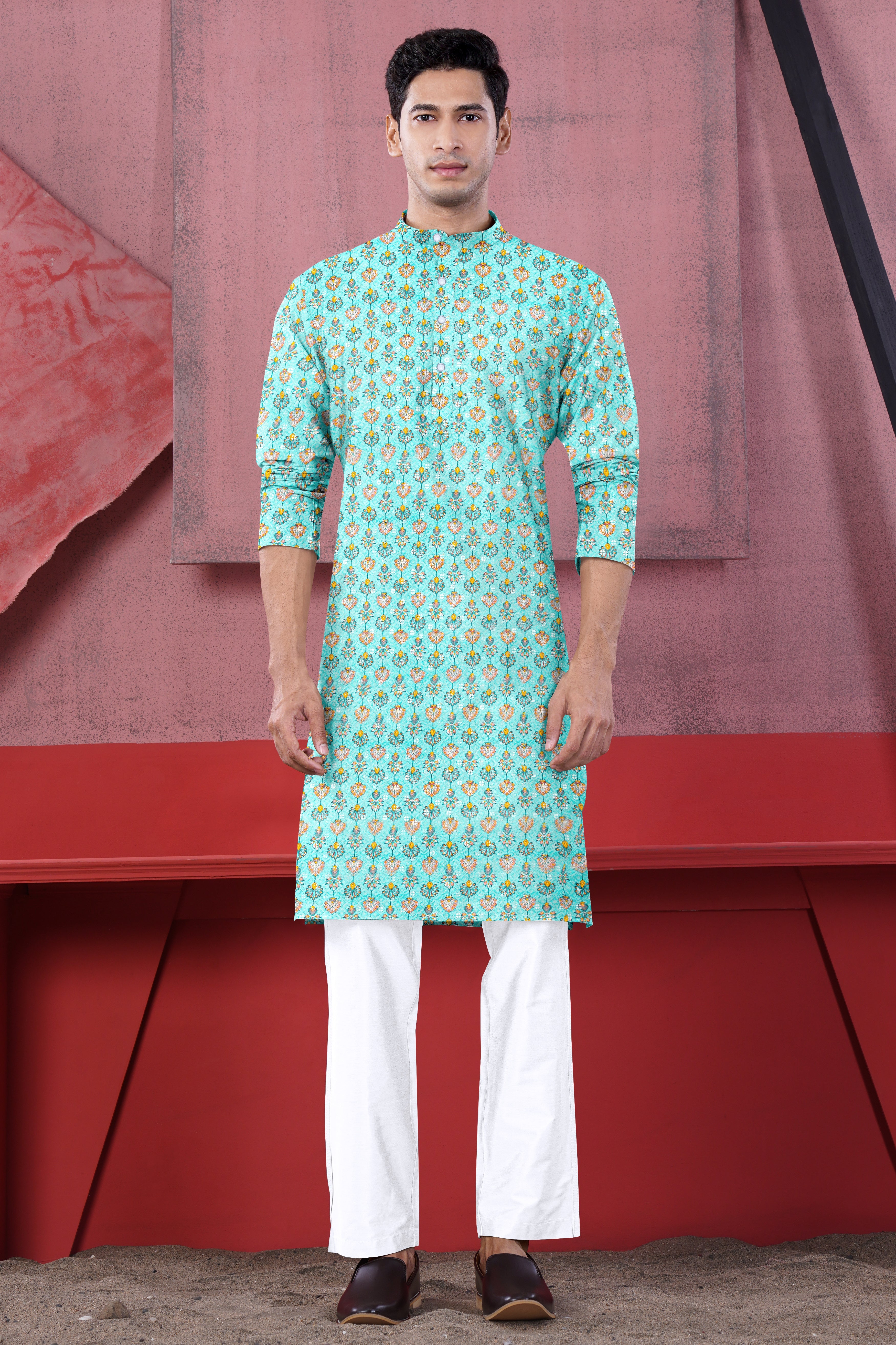 Aquamarine Blue And Tangerine Peach Designer Thread Embroidered Kurta