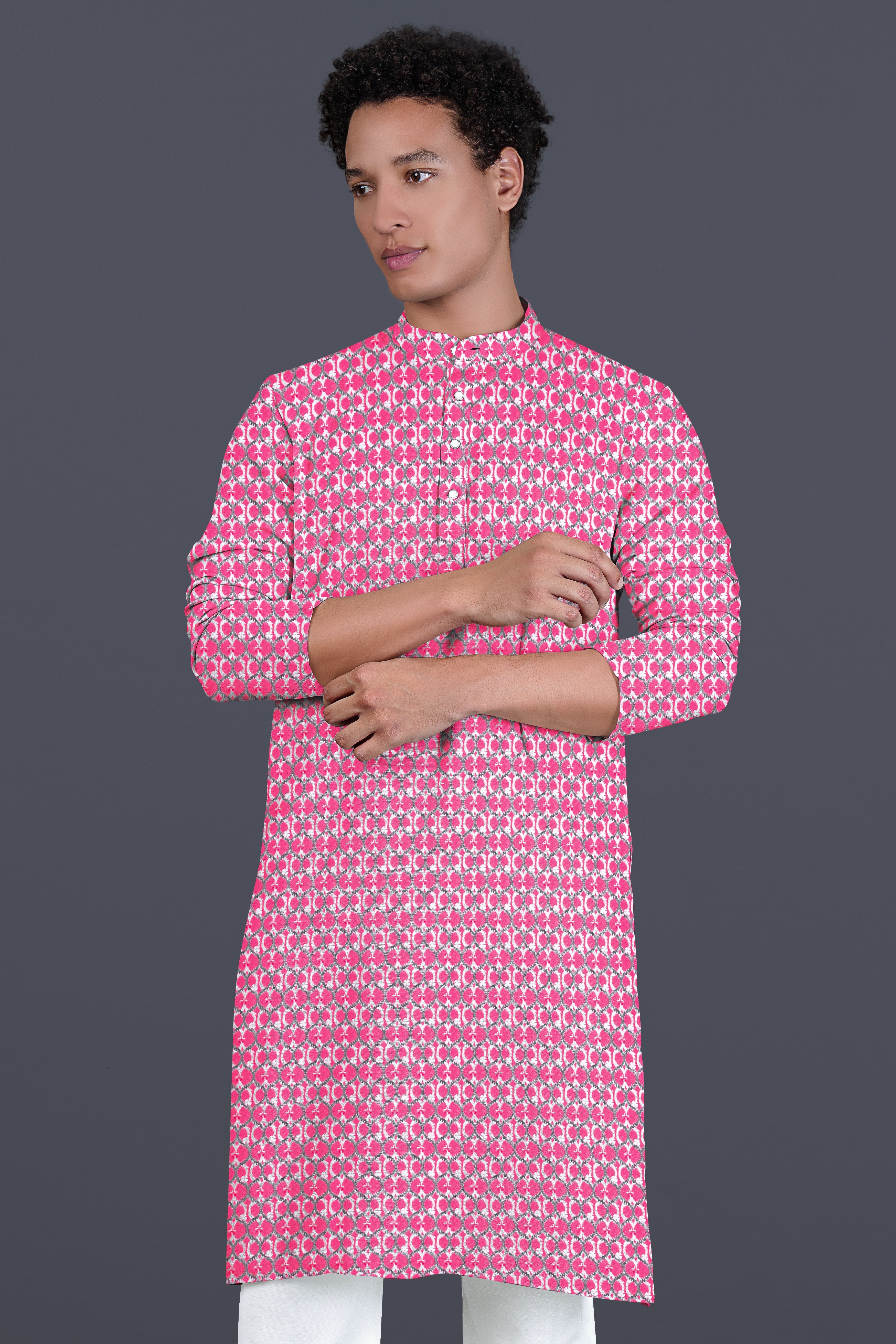 French Rose Pink And Bright White Designer Embroidered Kurta