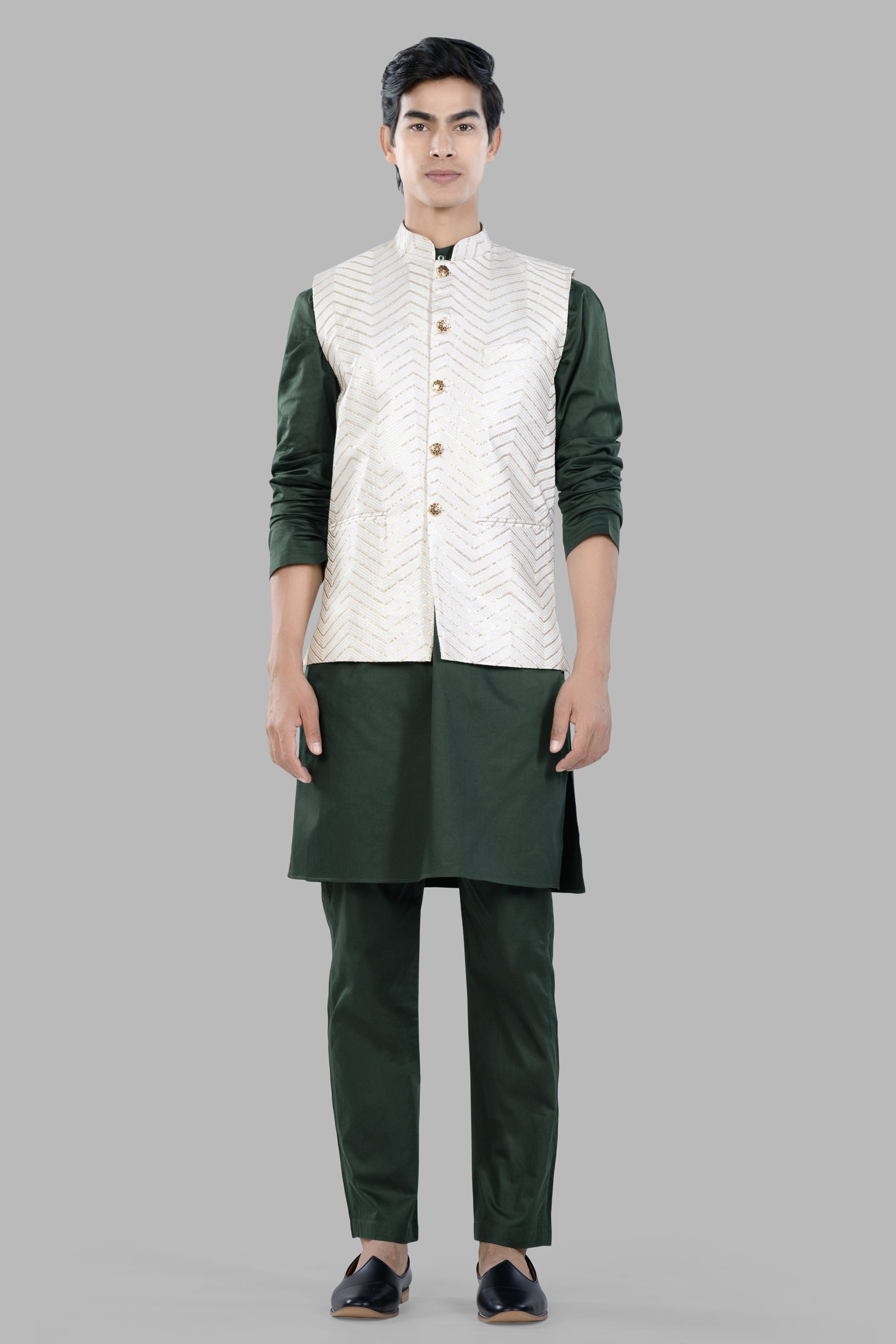 Timber Green Kurta Set with Bright White Chevron Sequin and Thread Embroidered Designer Nehru Jacket KPNJ020-44, KPNJ020-46, KPNJ020-48, KPNJ020-50, KPNJ020-52, KPNJ020-54, KPNJ020-56, KPNJ020-58, KPNJ020-60