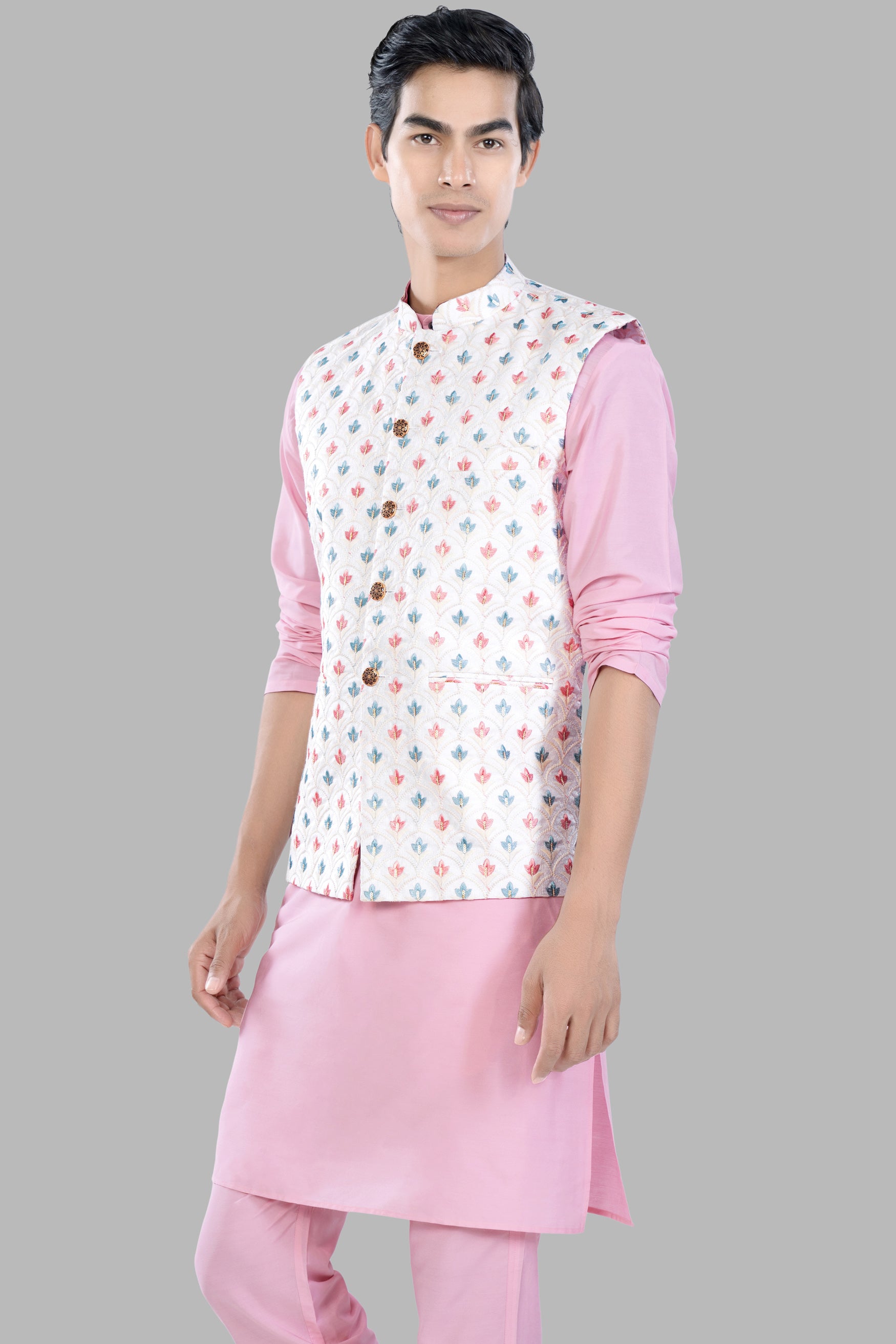 Azalea Pink Kurta Set with Bright White and Carnation Pink Leaves Thread Embroidered Designer Nehru Jacket KPNJ035-44,  KPNJ035-46,  KPNJ035-48,  KPNJ035-50,  KPNJ035-52,  KPNJ035-54,  KPNJ035-56,  KPNJ035-58,  KPNJ035-60