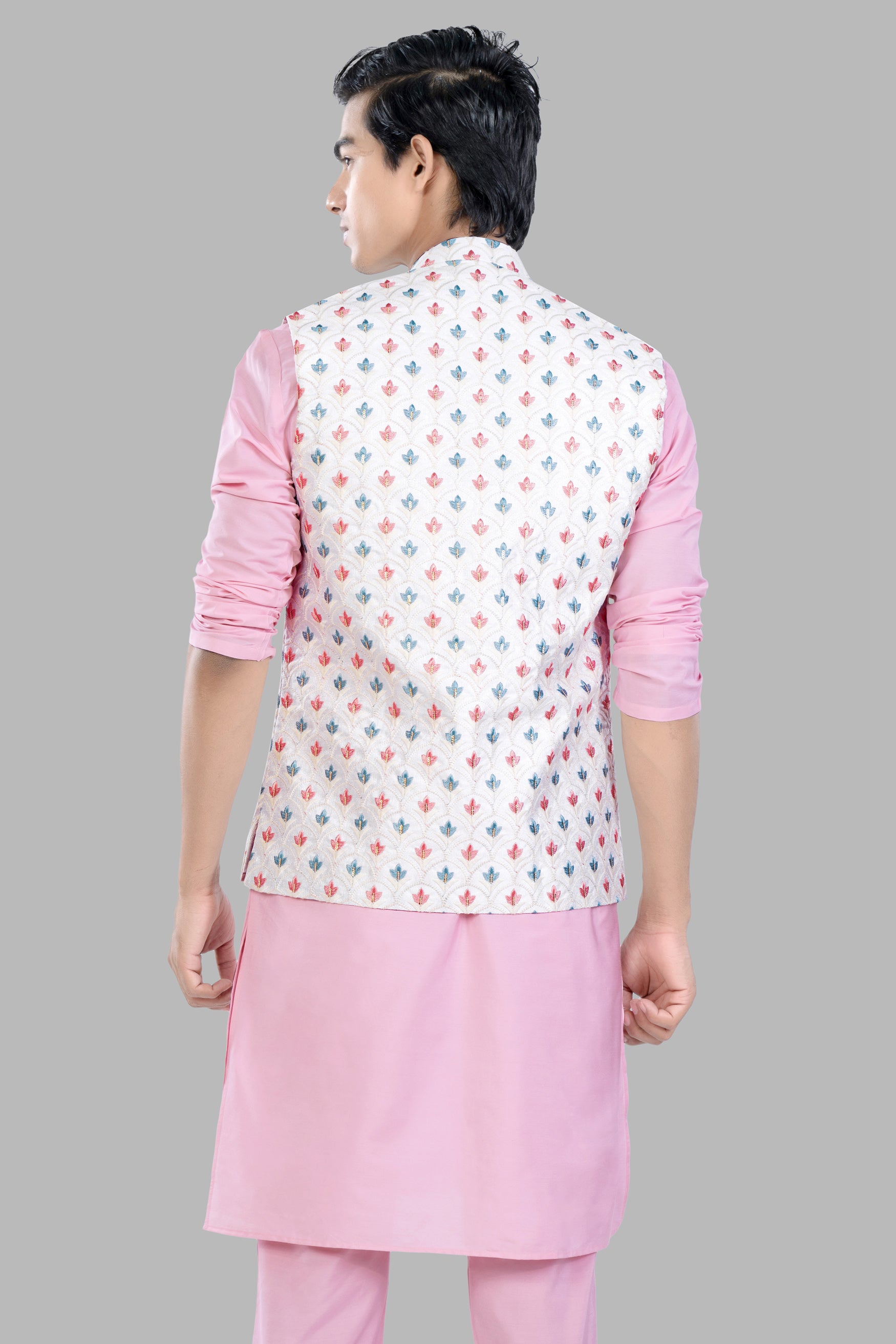 Azalea Pink Kurta Set with Bright White and Carnation Pink Leaves Thread Embroidered Designer Nehru Jacket KPNJ035-44,  KPNJ035-46,  KPNJ035-48,  KPNJ035-50,  KPNJ035-52,  KPNJ035-54,  KPNJ035-56,  KPNJ035-58,  KPNJ035-60