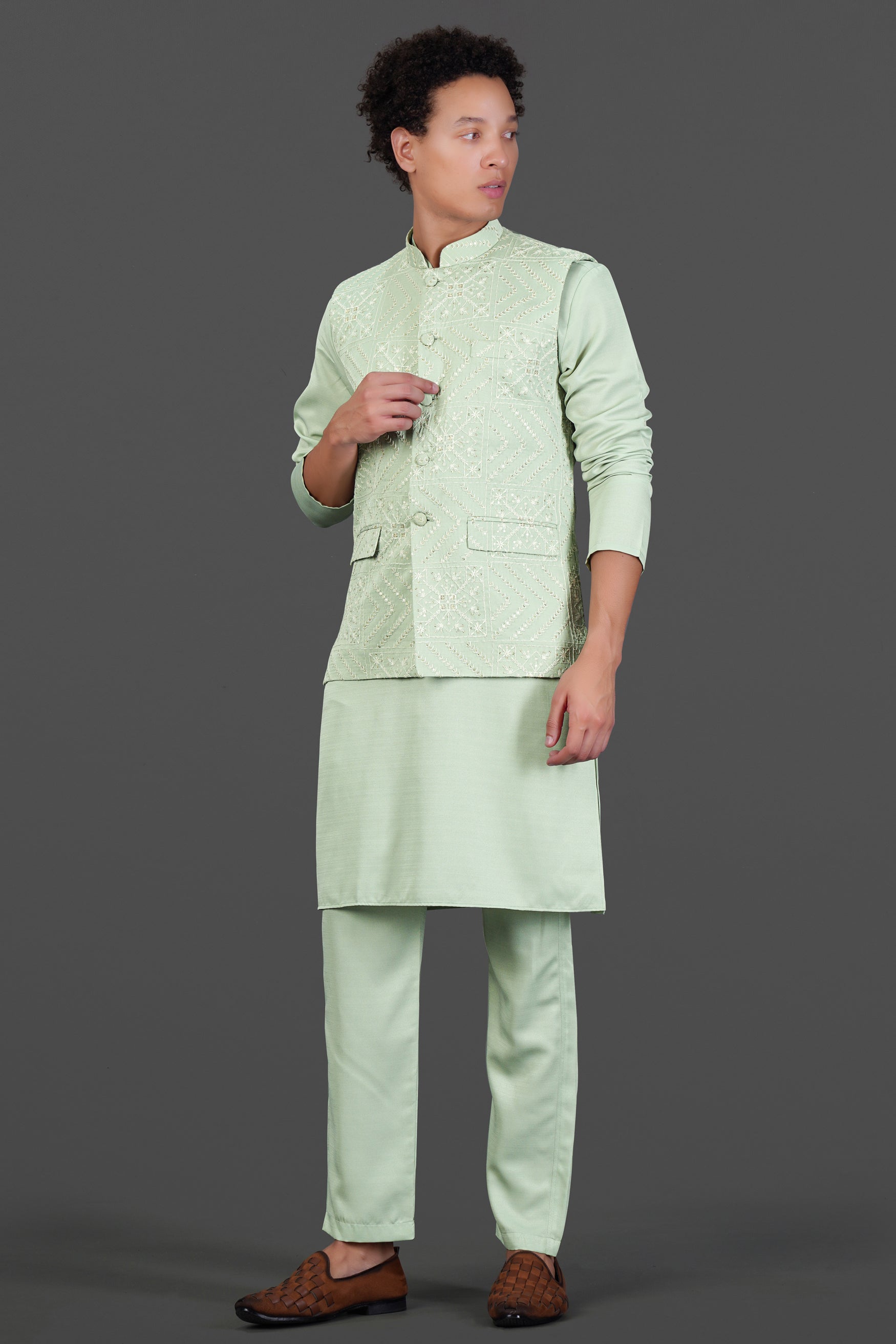 Rainee Green Subtle Sheen Viscose Kurta Set With Thread and Sequin Embroidered Designer Nehru Jacket