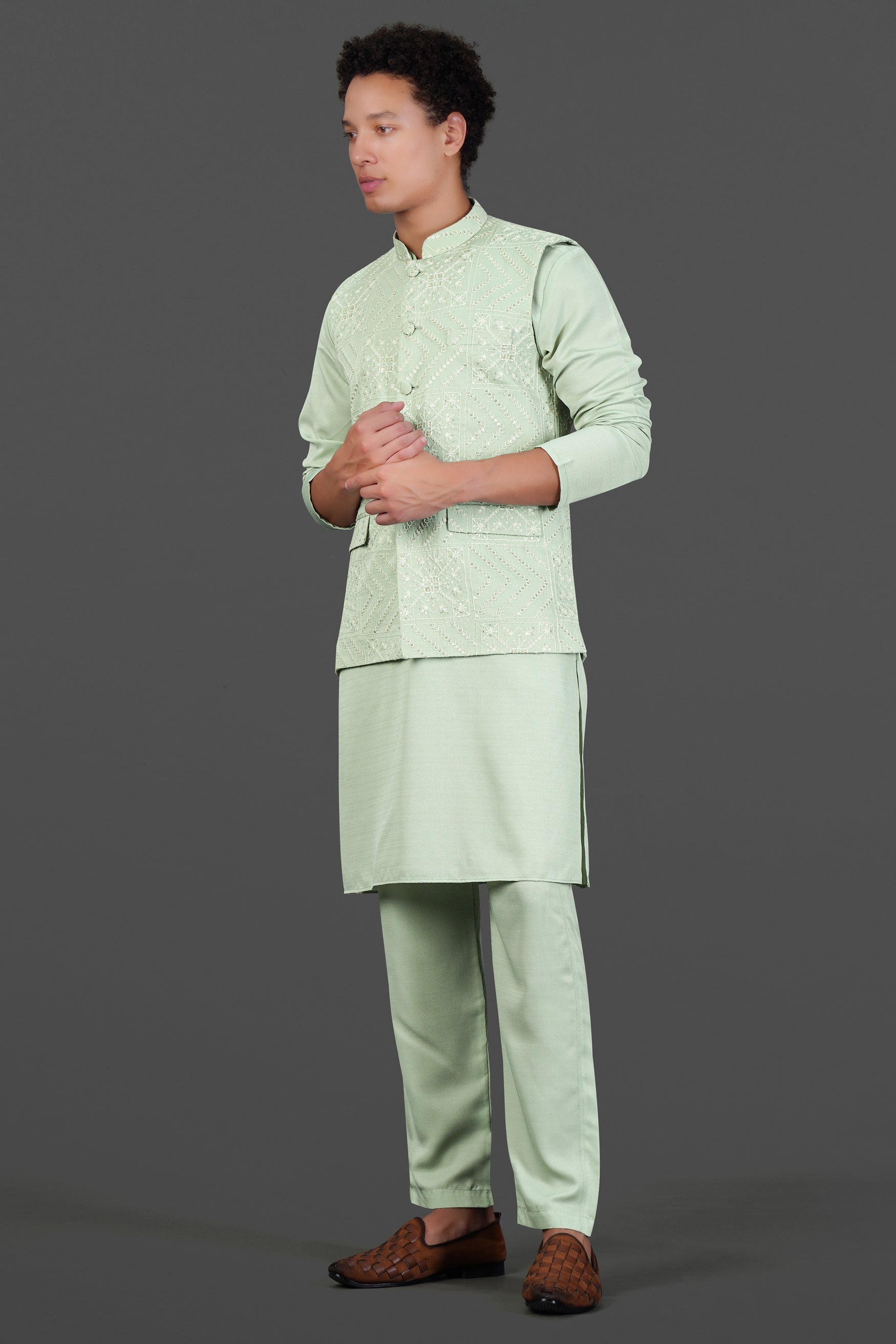 Rainee Green Subtle Sheen Viscose Kurta Set With Thread and Sequin Embroidered Designer Nehru Jacket