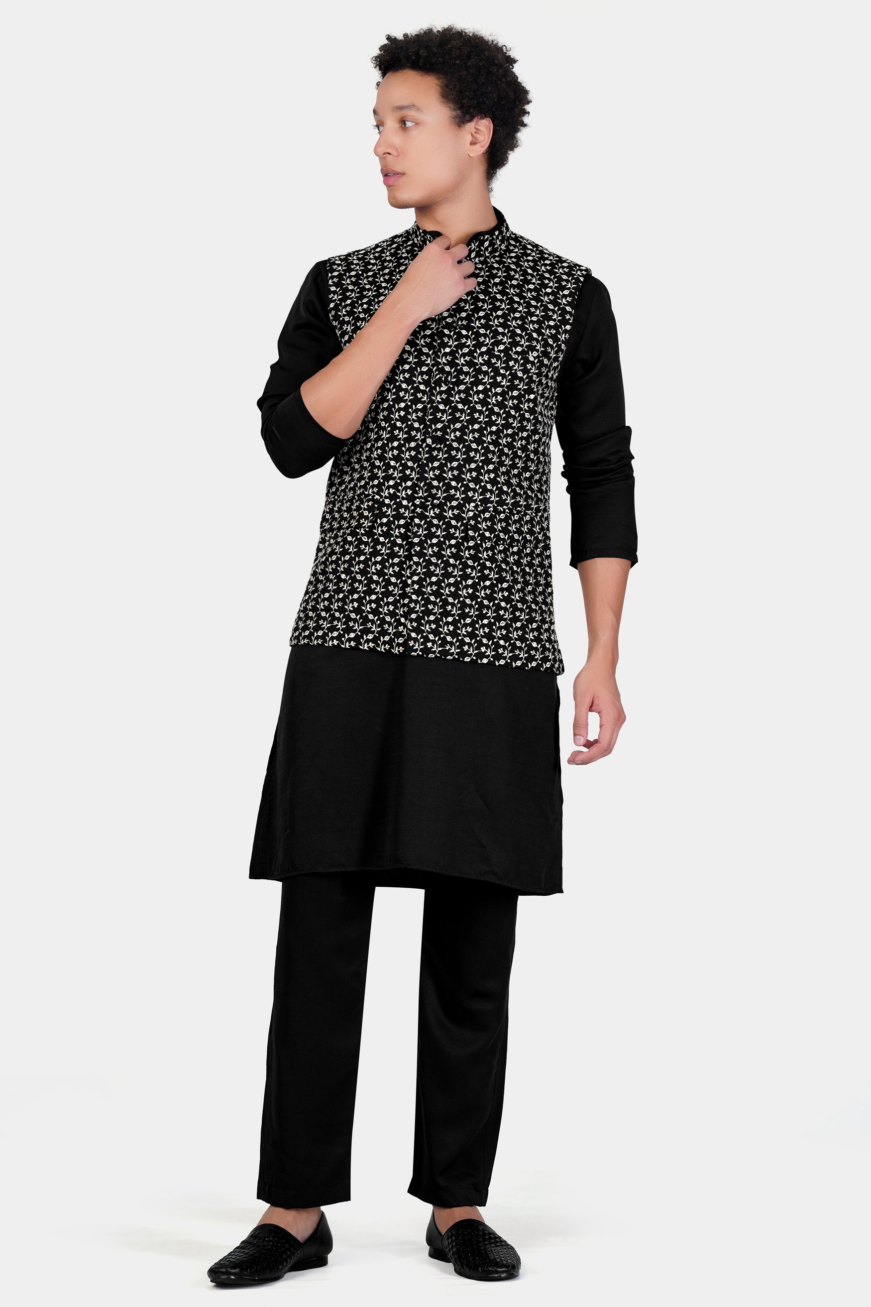 Jade Black Subtle Sheen Viscose Kurta Set With Ditsy Pattern Thread and Sequin Embroidered Designer Nehru Jacket