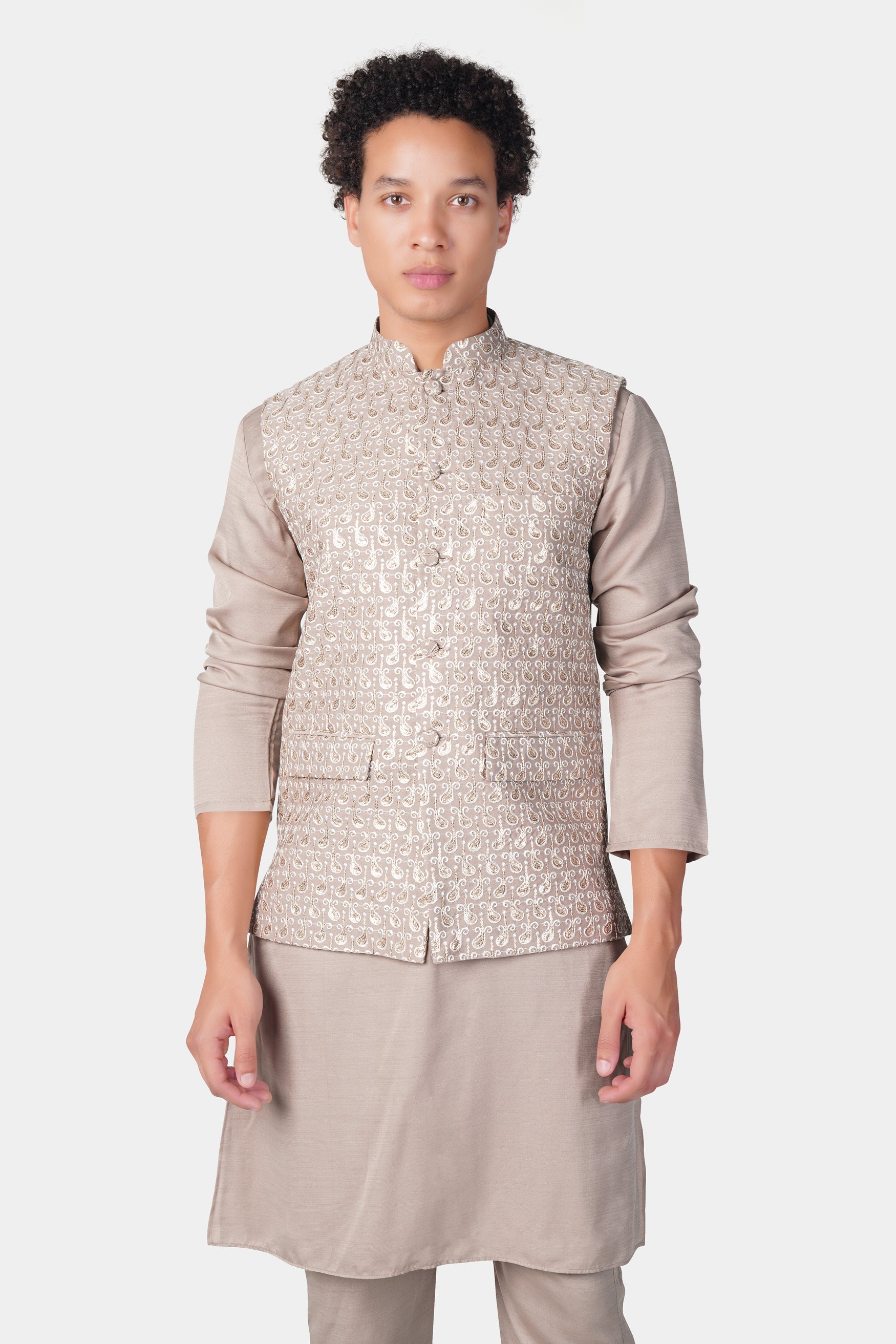 Foggy Brown Subtle Sheen Viscose Kurta Set With Paisley Pattern Thread and Sequin Embroidered Designer Nehru Jacket KPNJ252-FB-44,  KPNJ252-FB-46,  KPNJ252-FB-48,  KPNJ252-FB-50,  KPNJ252-FB-52,  KPNJ252-FB-54,  KPNJ252-FB-56,  KPNJ252-FB-58,  KPNJ252-FB-60