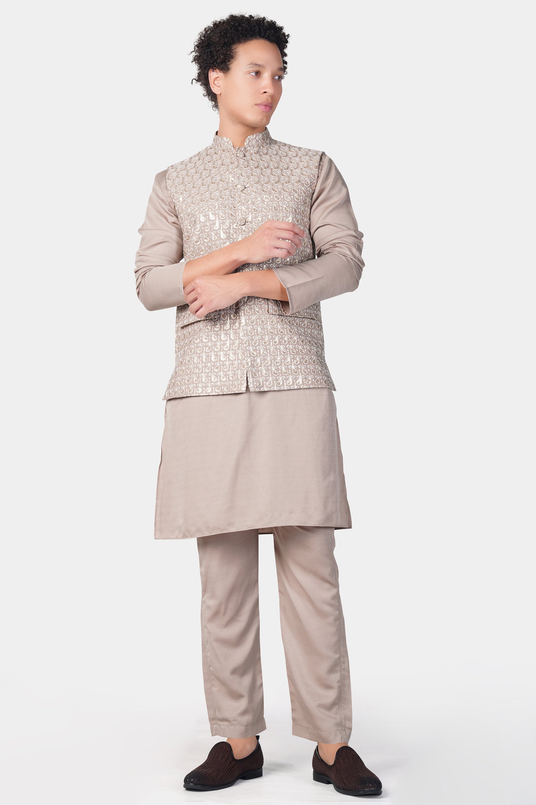 Foggy Brown Subtle Sheen Viscose Kurta Set With Paisley Pattern Thread and Sequin Embroidered Designer Nehru Jacket KPNJ252-FB-44,  KPNJ252-FB-46,  KPNJ252-FB-48,  KPNJ252-FB-50,  KPNJ252-FB-52,  KPNJ252-FB-54,  KPNJ252-FB-56,  KPNJ252-FB-58,  KPNJ252-FB-60