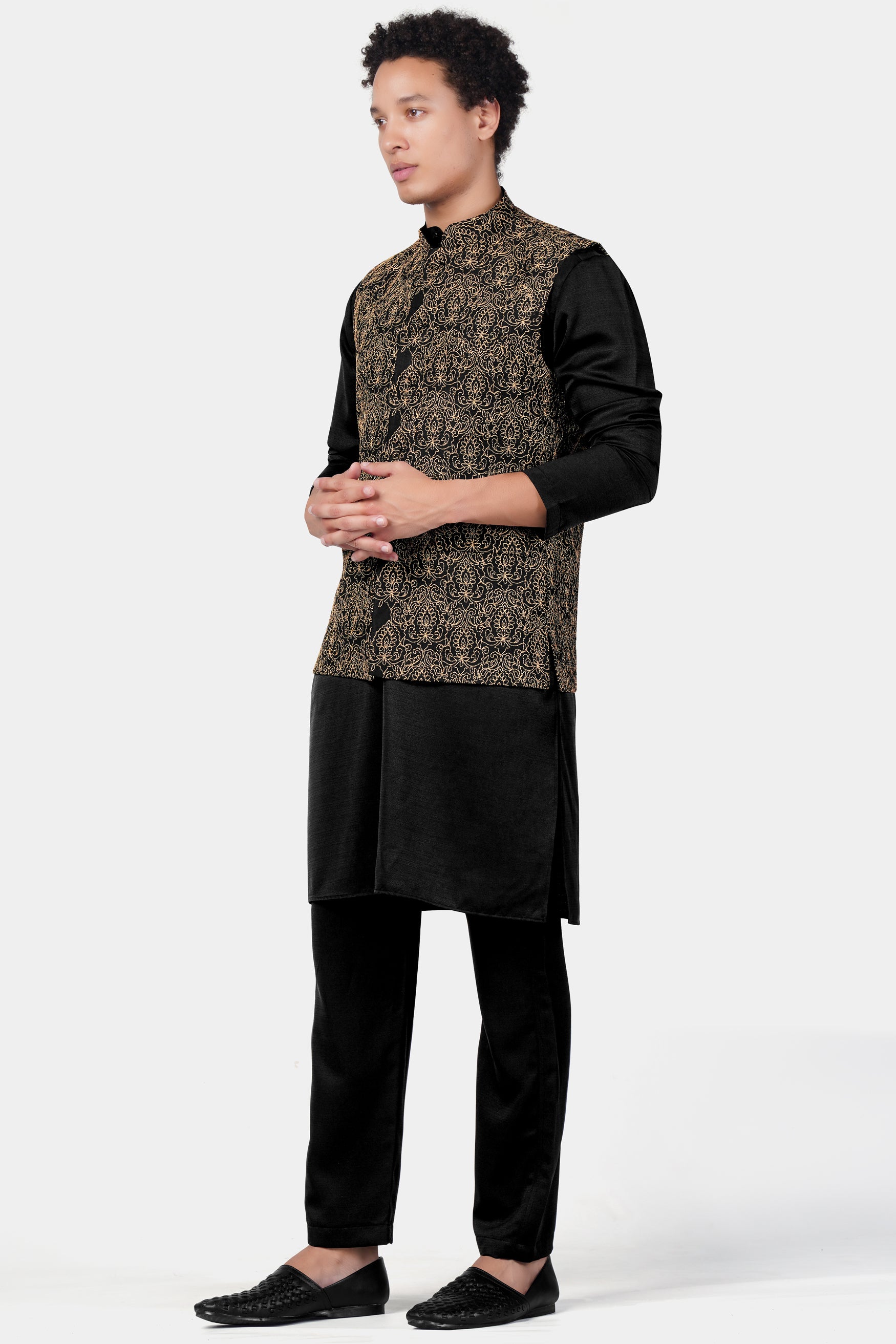 Jade Black Subtle Sheen Viscose Kurta Set with Thread Embroidered Designer Nehru Jacket