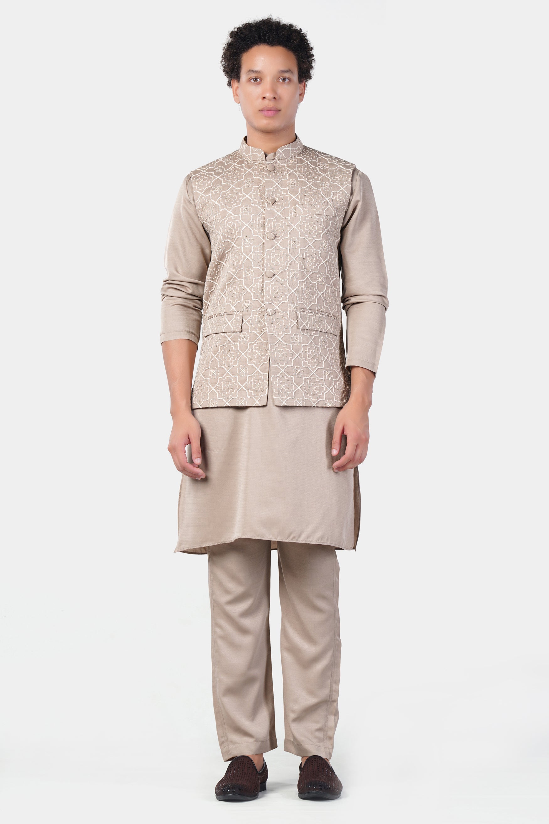 Chalice Brown Subtle Sheen Viscose Kurta Set with Trellis Pattern Thread and Sequin Embroidered Designer Nehru Jacket