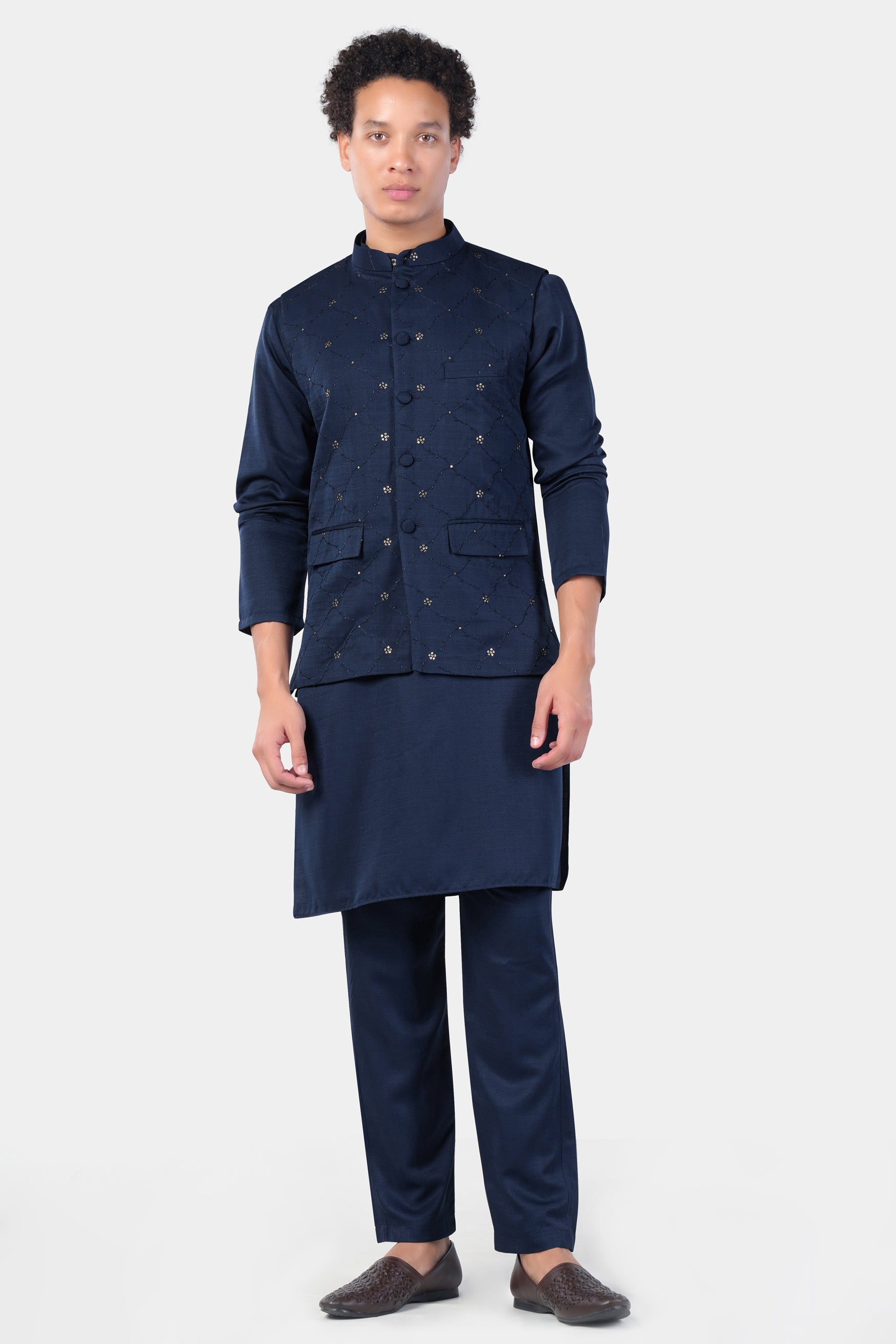 Mirage Blue Subtle Sheen Viscose Kurta Set With floral Thread and Sequin Embroidered Designer Nehru Jacket